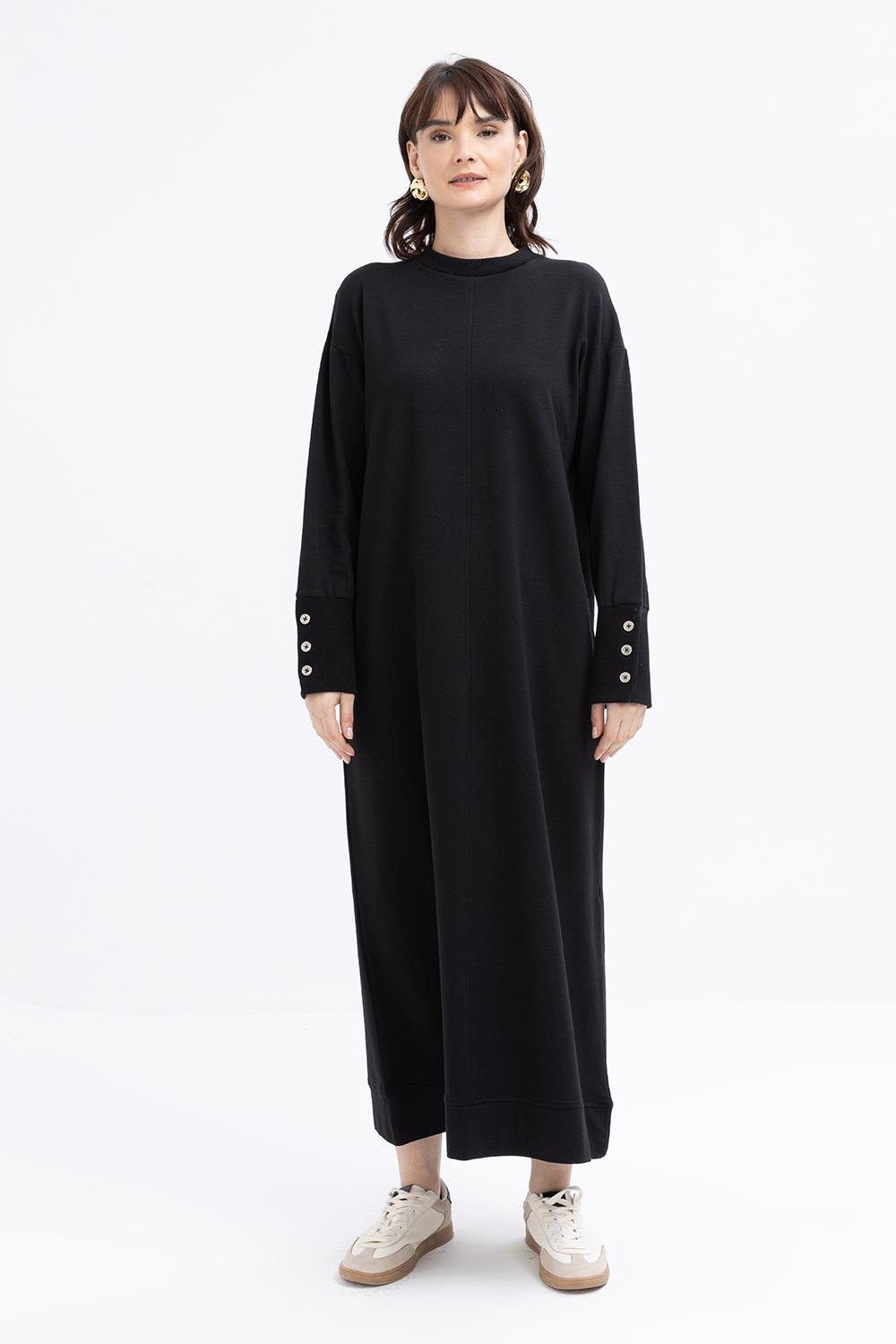 Siyah-Manşeti Kalın Ribanalı Düğme Detaylı Elbise