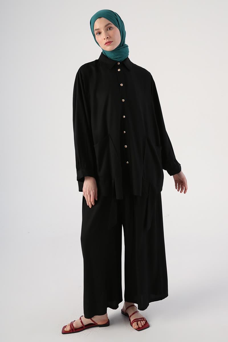 Oversize Düşük Kollu Cepli Viskon Gömlek Pantolon Takım