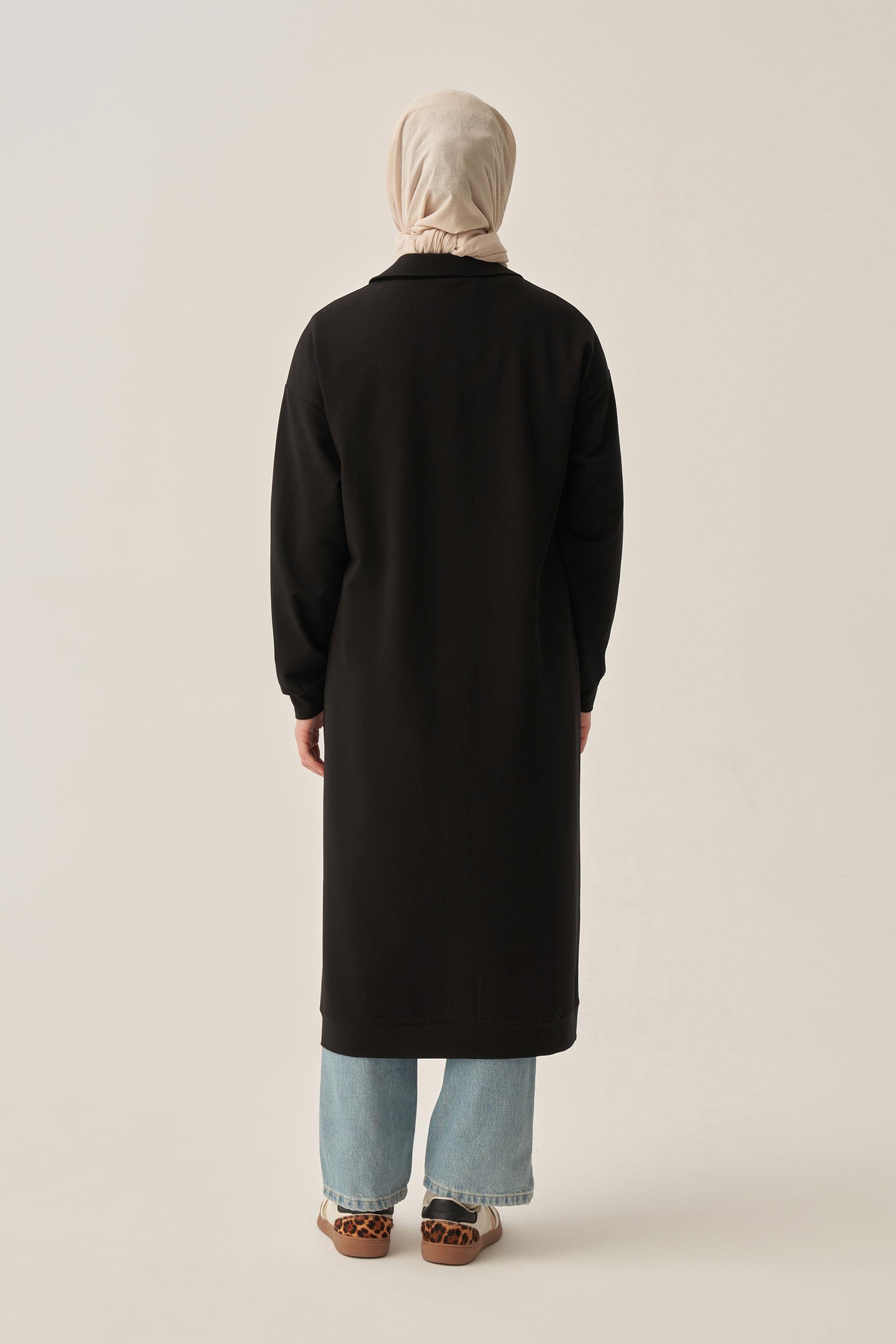 Siyah-Pamuklu Aplike Detaylı Fermuarlı Sweat