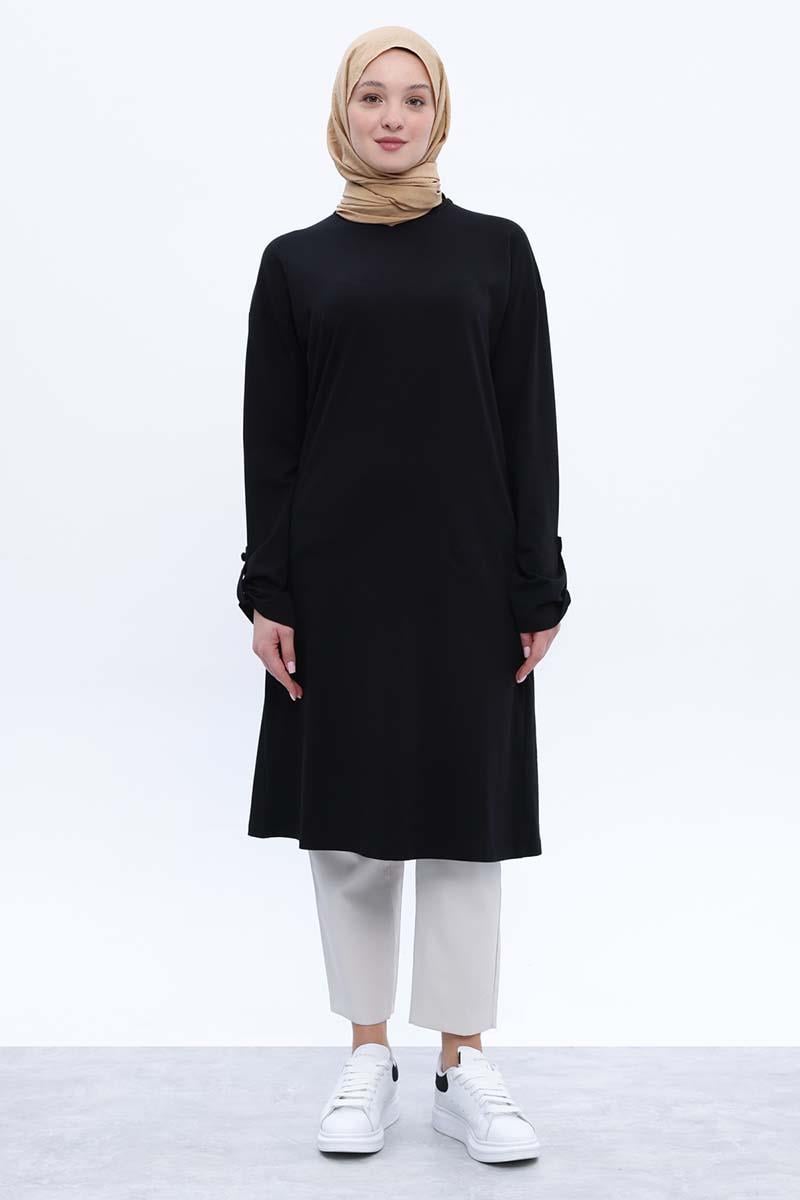 Siyah-Pamuklu Arkadan Yırtmaçlı Apoletli Tunik