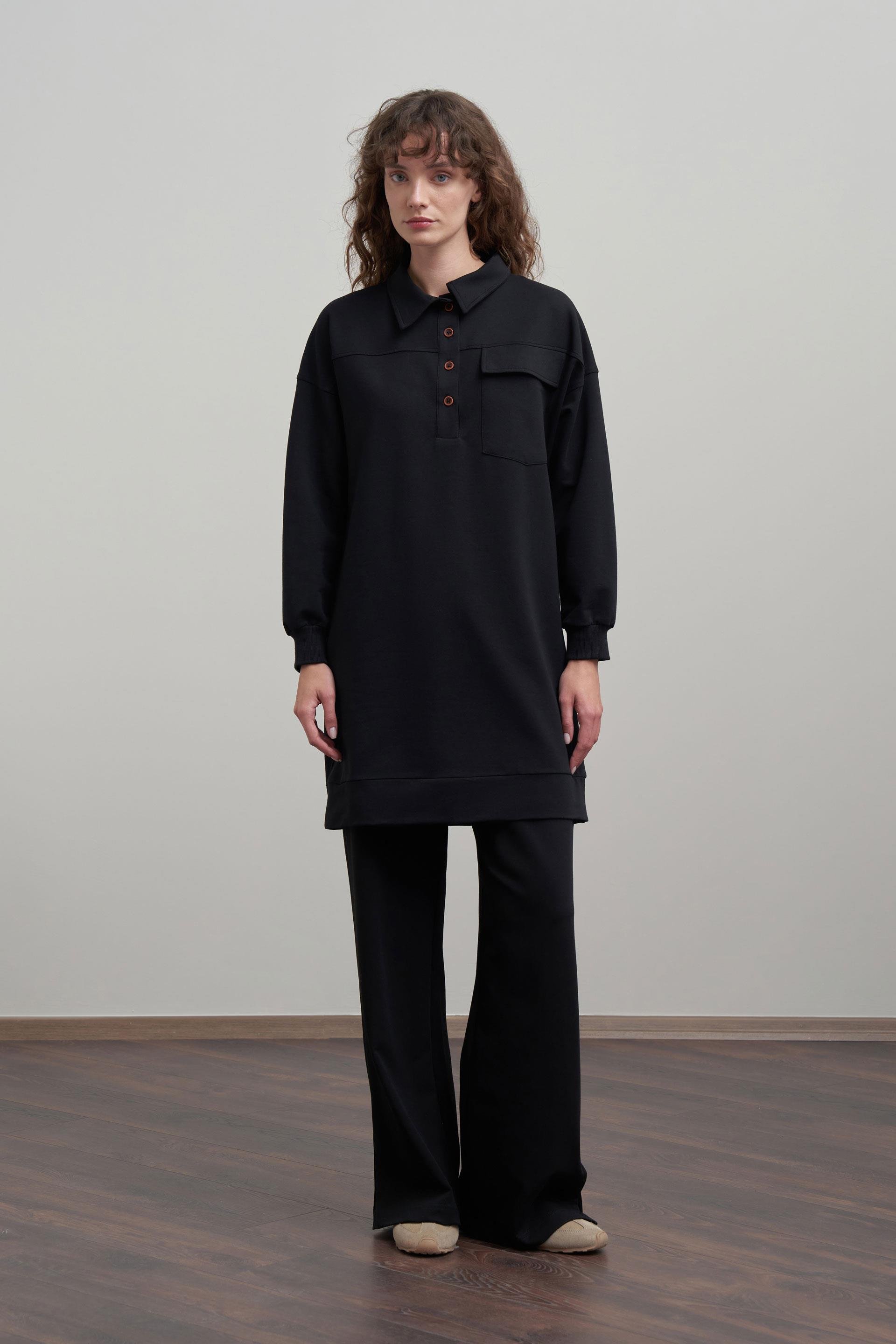 Siyah-Pamuklu Cep Detaylı Tunik