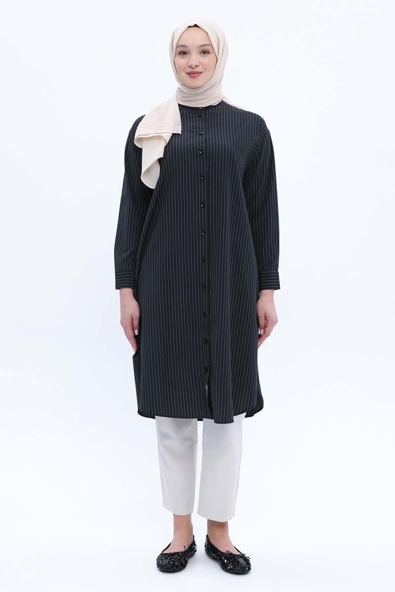 Siyah-Pamuklu Çizgili Poplin Gömlek Tunik