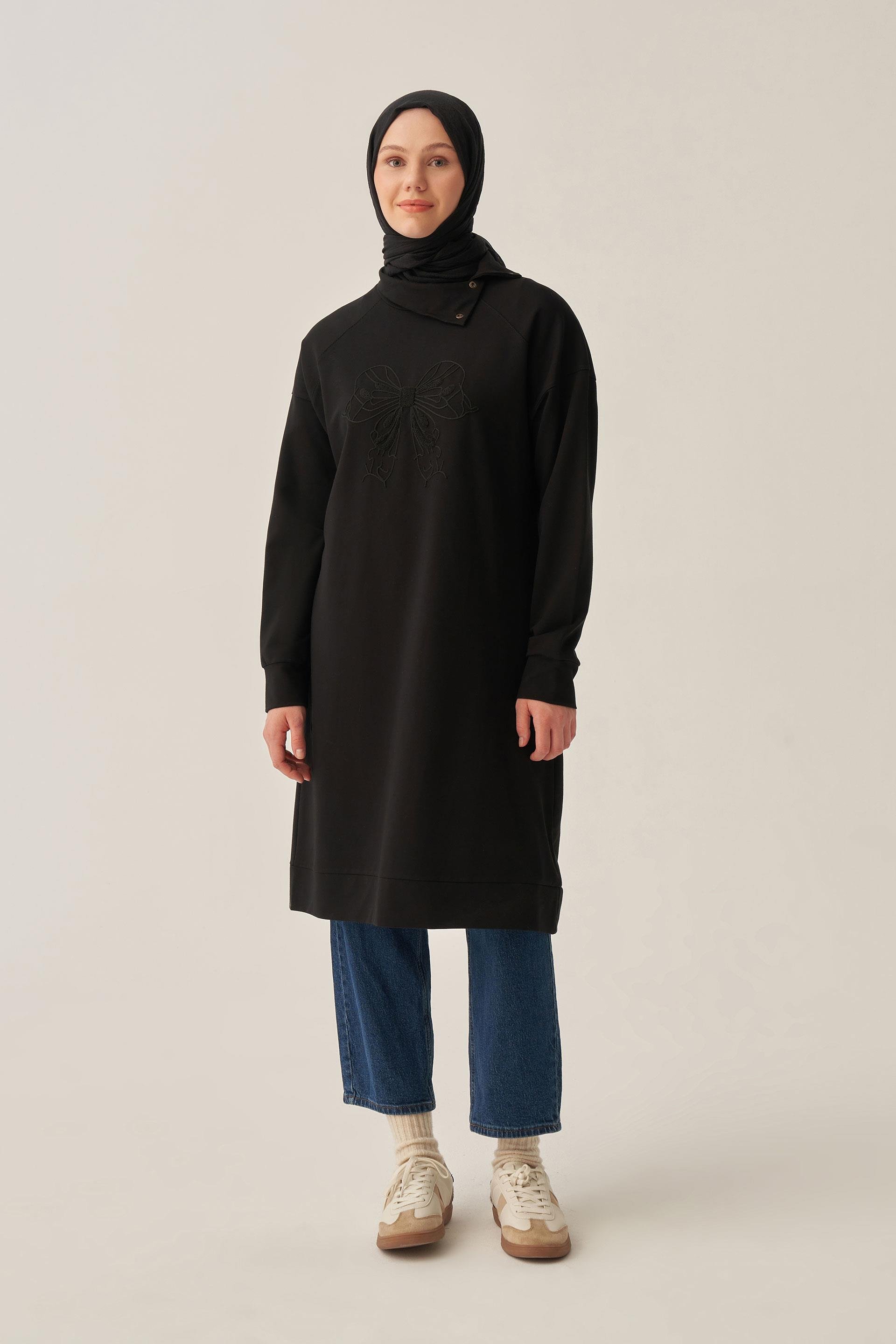 Siyah-Pamuklu Dik Yakalı Tunik