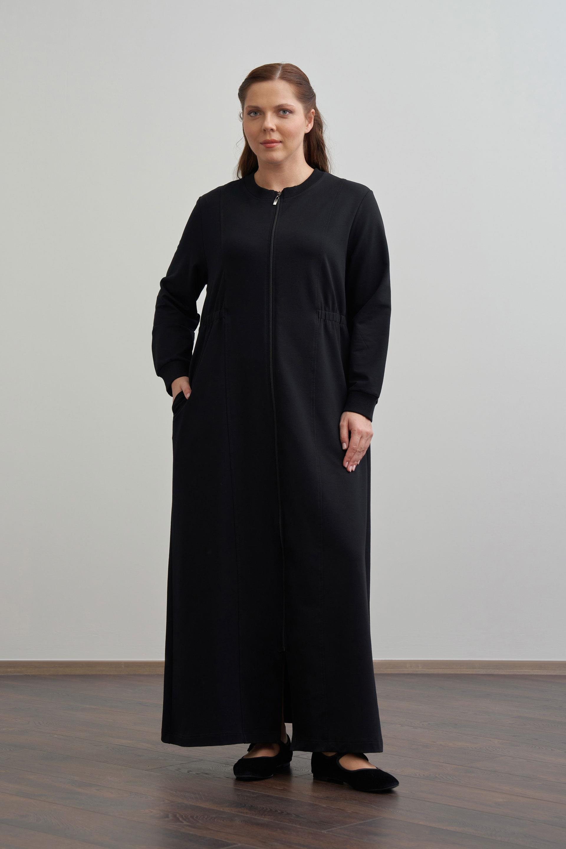 Siyah-Pamuklu Fermuarlı Uzun Ferace