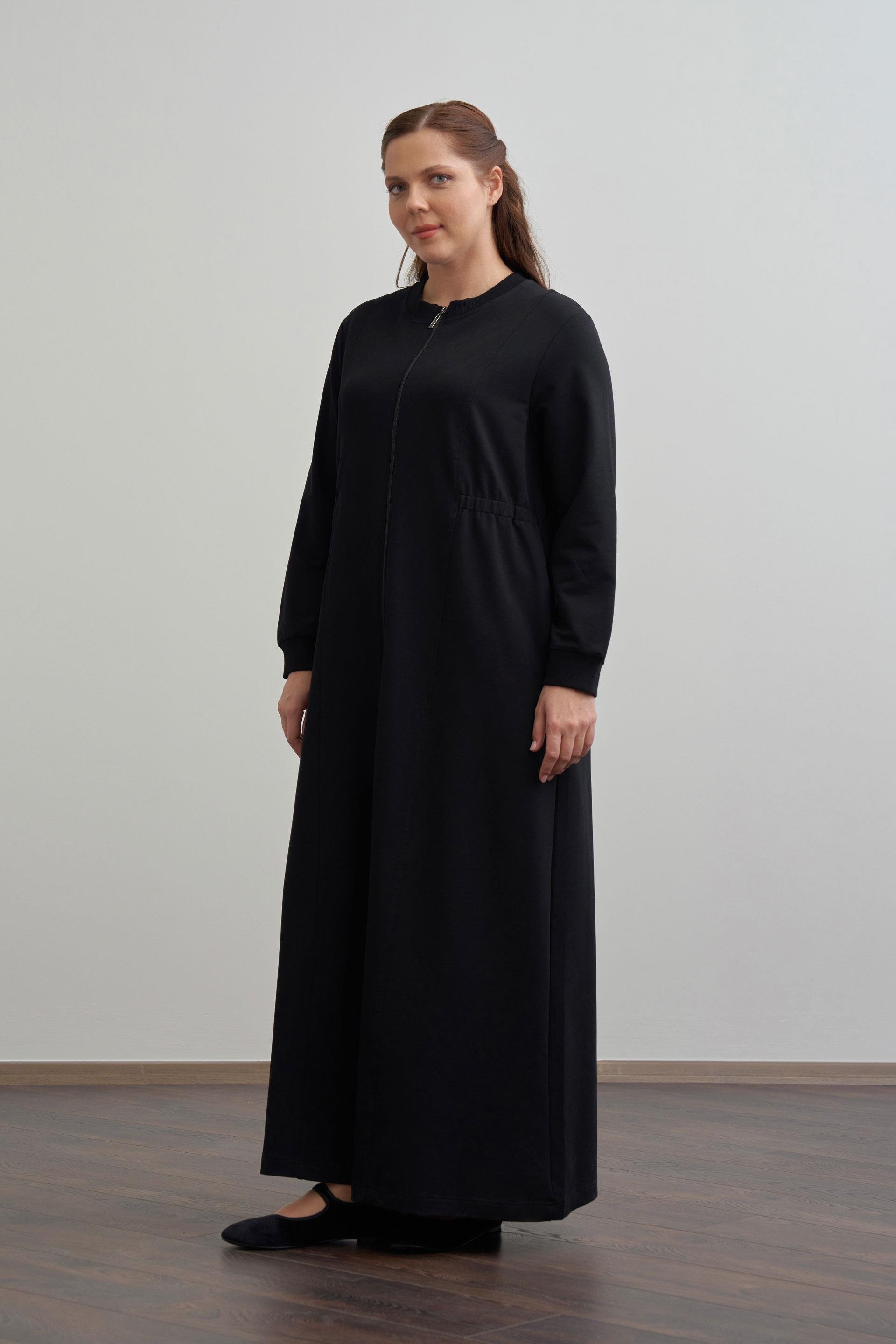 Siyah-Pamuklu Fermuarlı Uzun Ferace