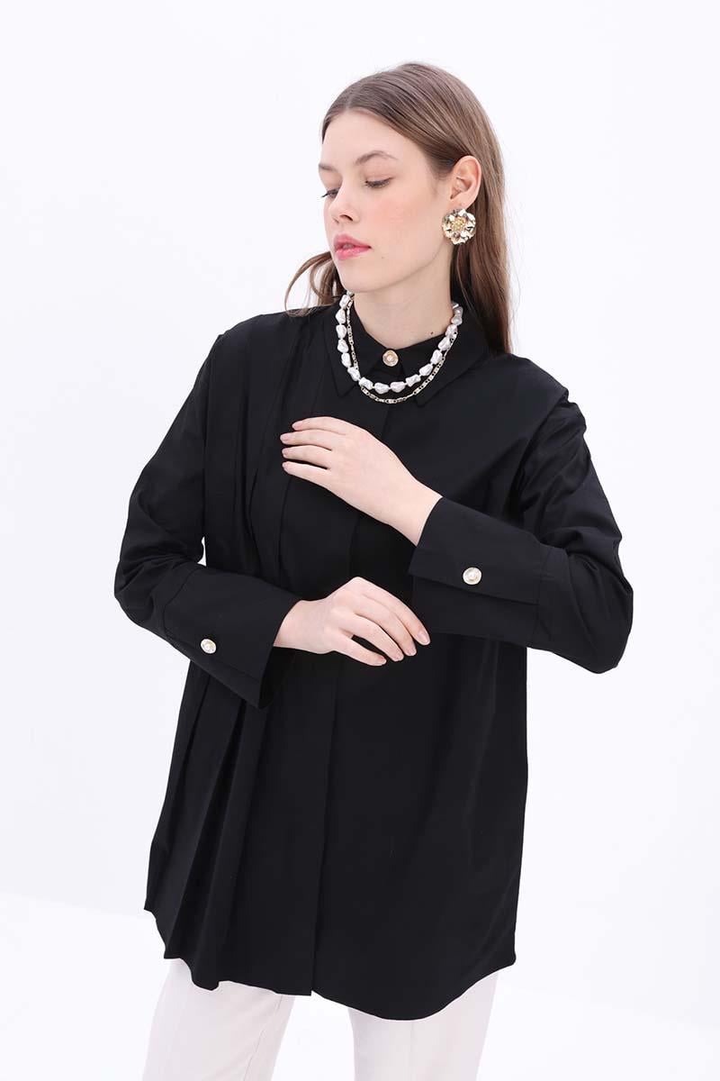 Siyah-Pamuklu İnci Düğmeli Gömlek Tunik