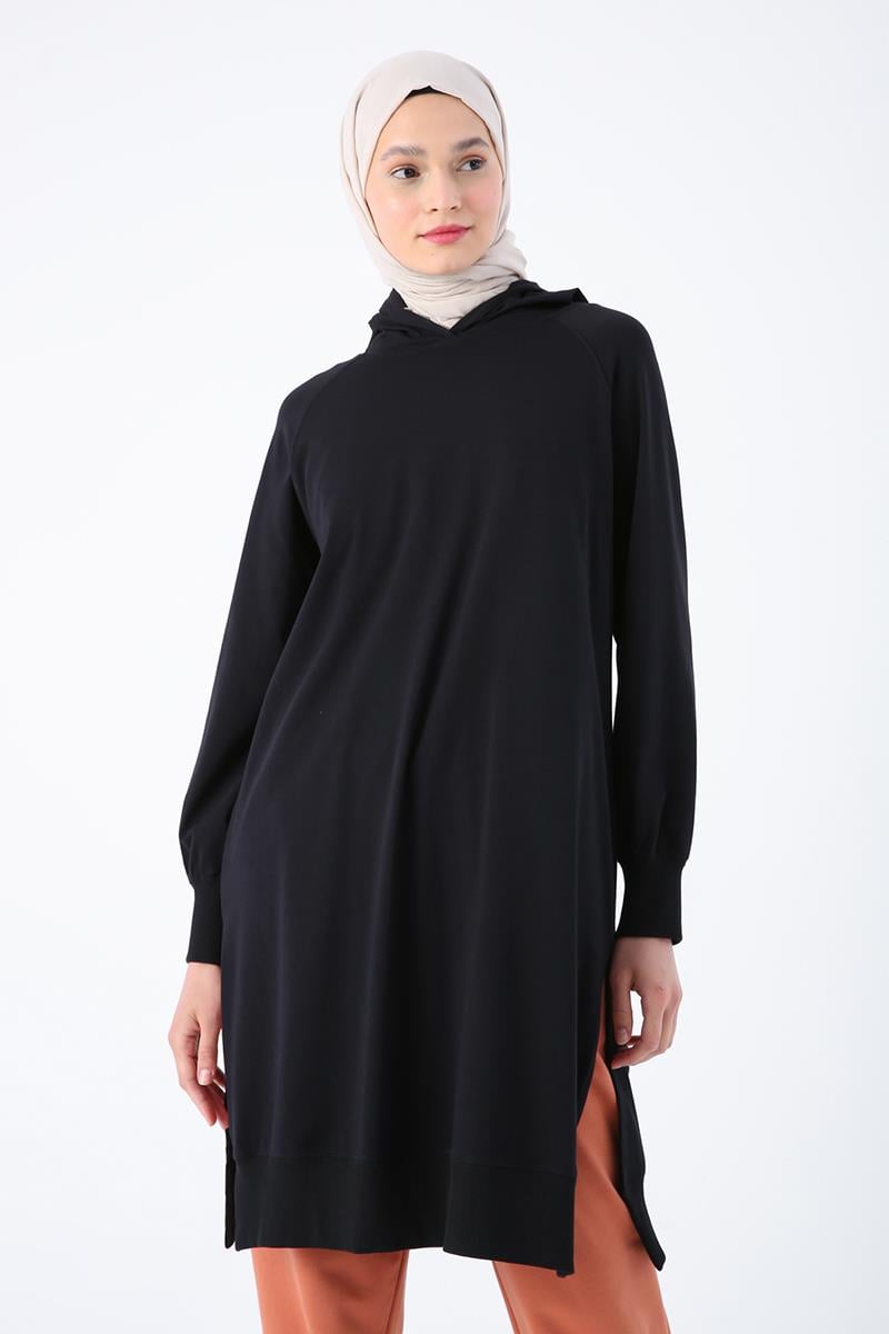 Pamuklu Kapüşonlu Reglan Kollu Yırtmaçlı Süprem Tunik