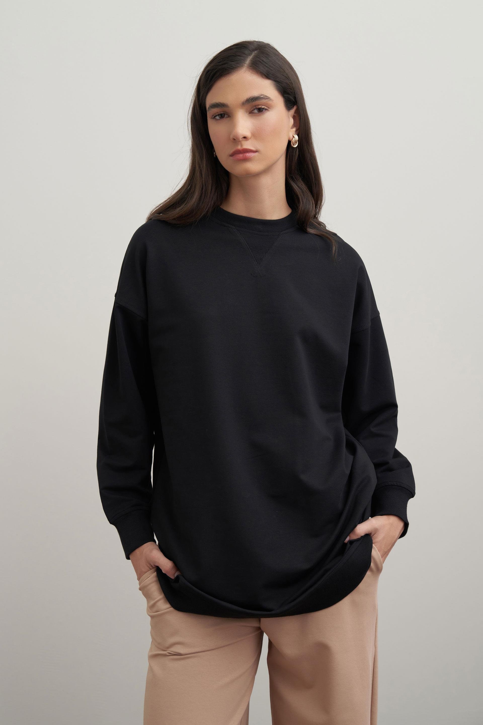 Siyah-Pamuklu Kaşkorse Detaylı Sweatshirt