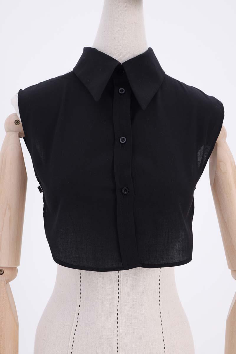 Siyah-Pamuklu Kolsuz Gömlek Yaka Düğmeli Crop İçlik