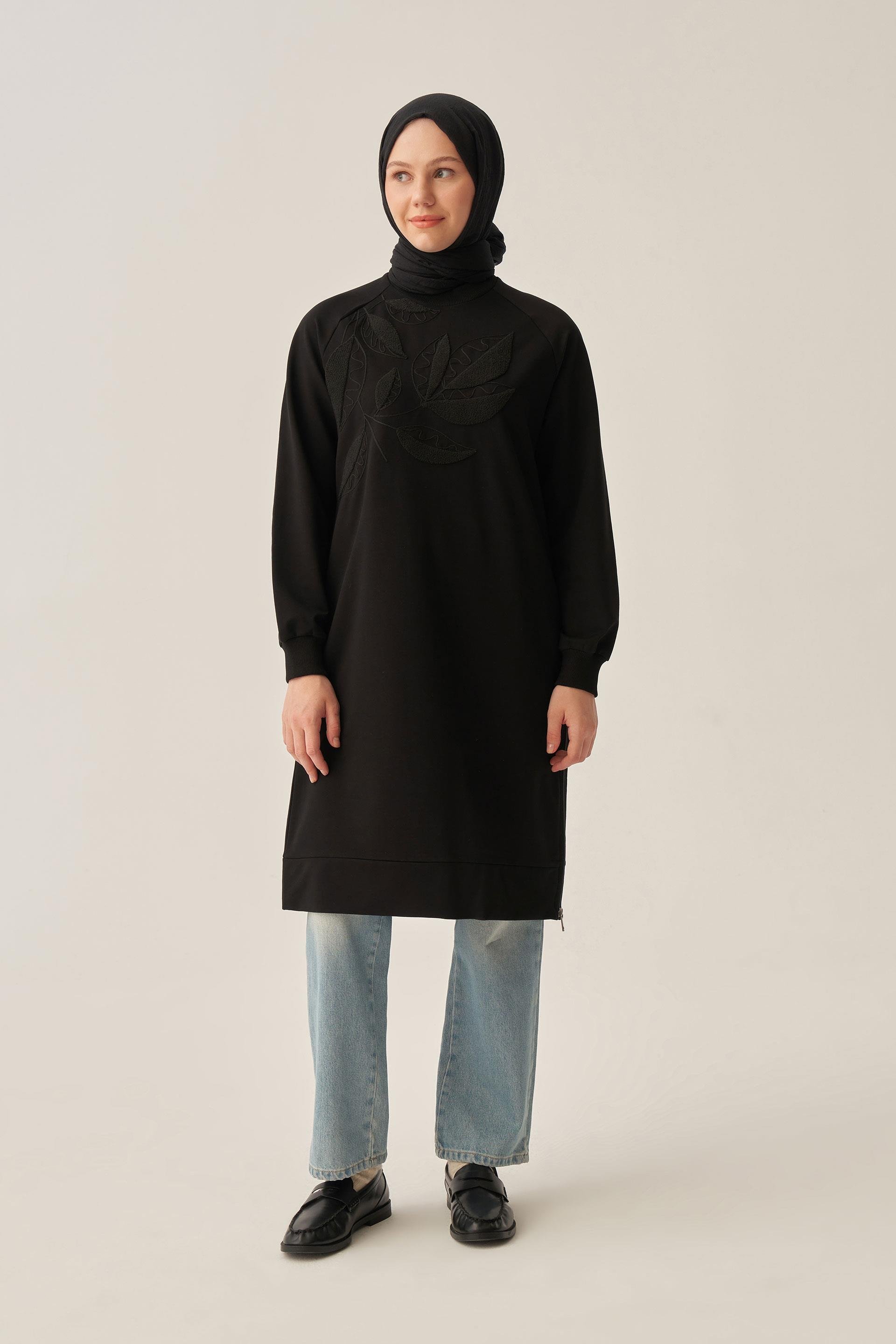 Siyah-Pamuklu Yaprak Desenli Tunik