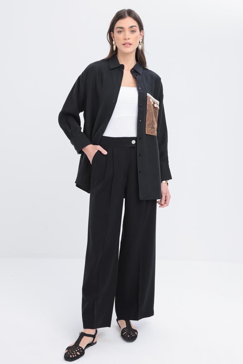 Siyah-Pileli Geniş Paça Pantolon