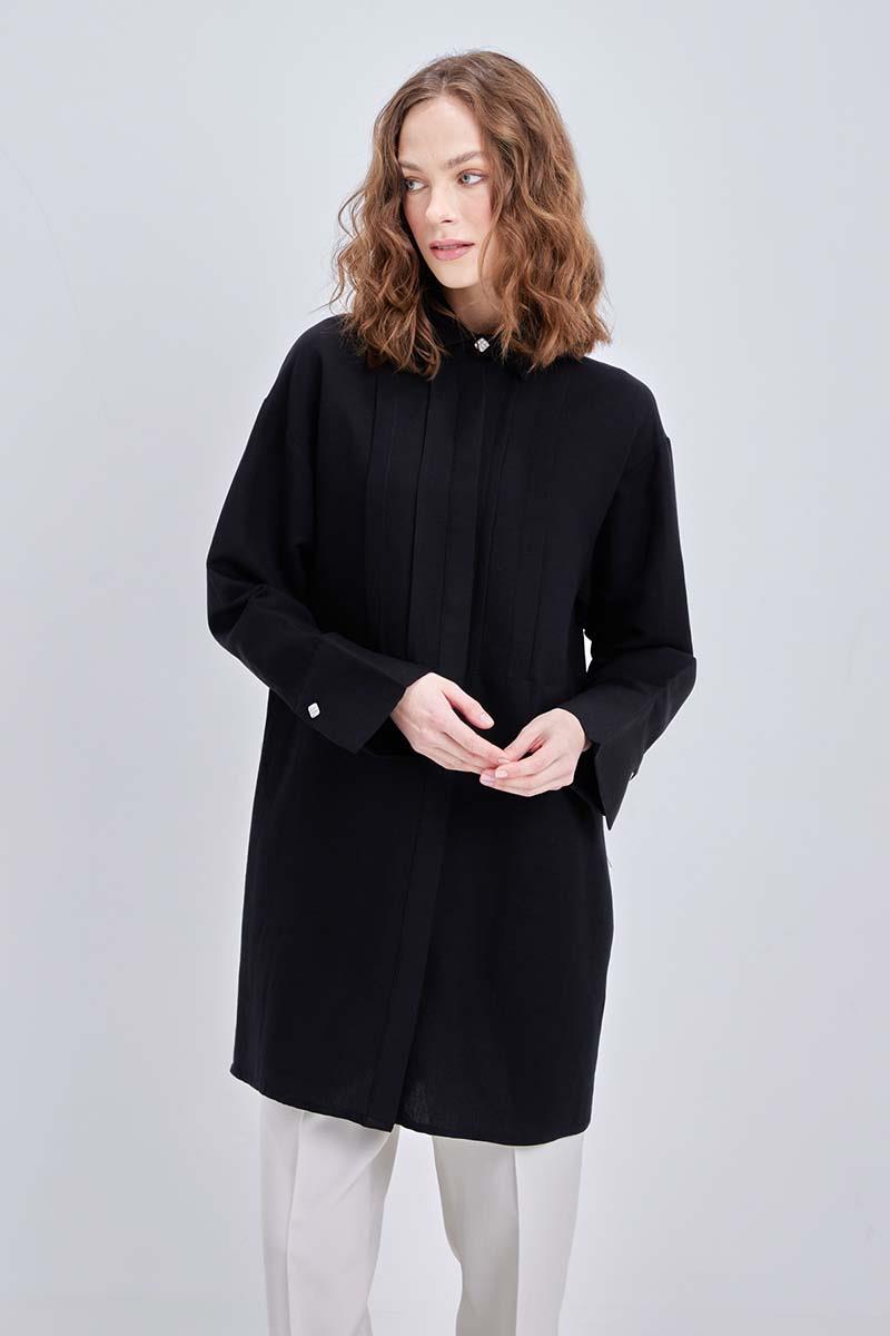 Siyah-Pileli Metal Düğmeli Keten Gömlek Tunik