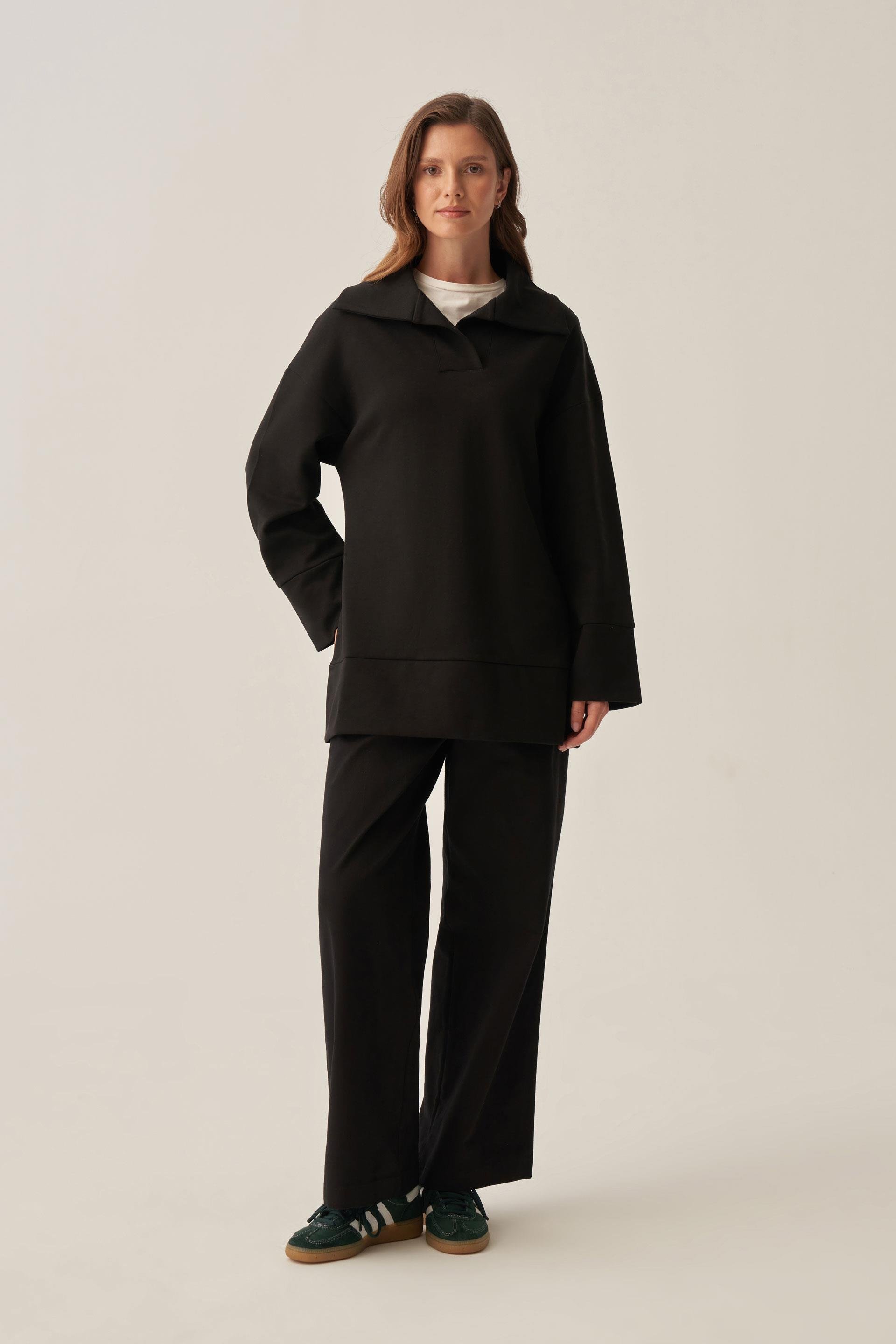 Siyah-Polo Yaka İnterlok Sweatshirt