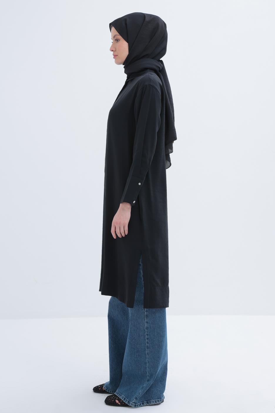 Siyah-Taş Düğmeli Modal Gömlek Tunik