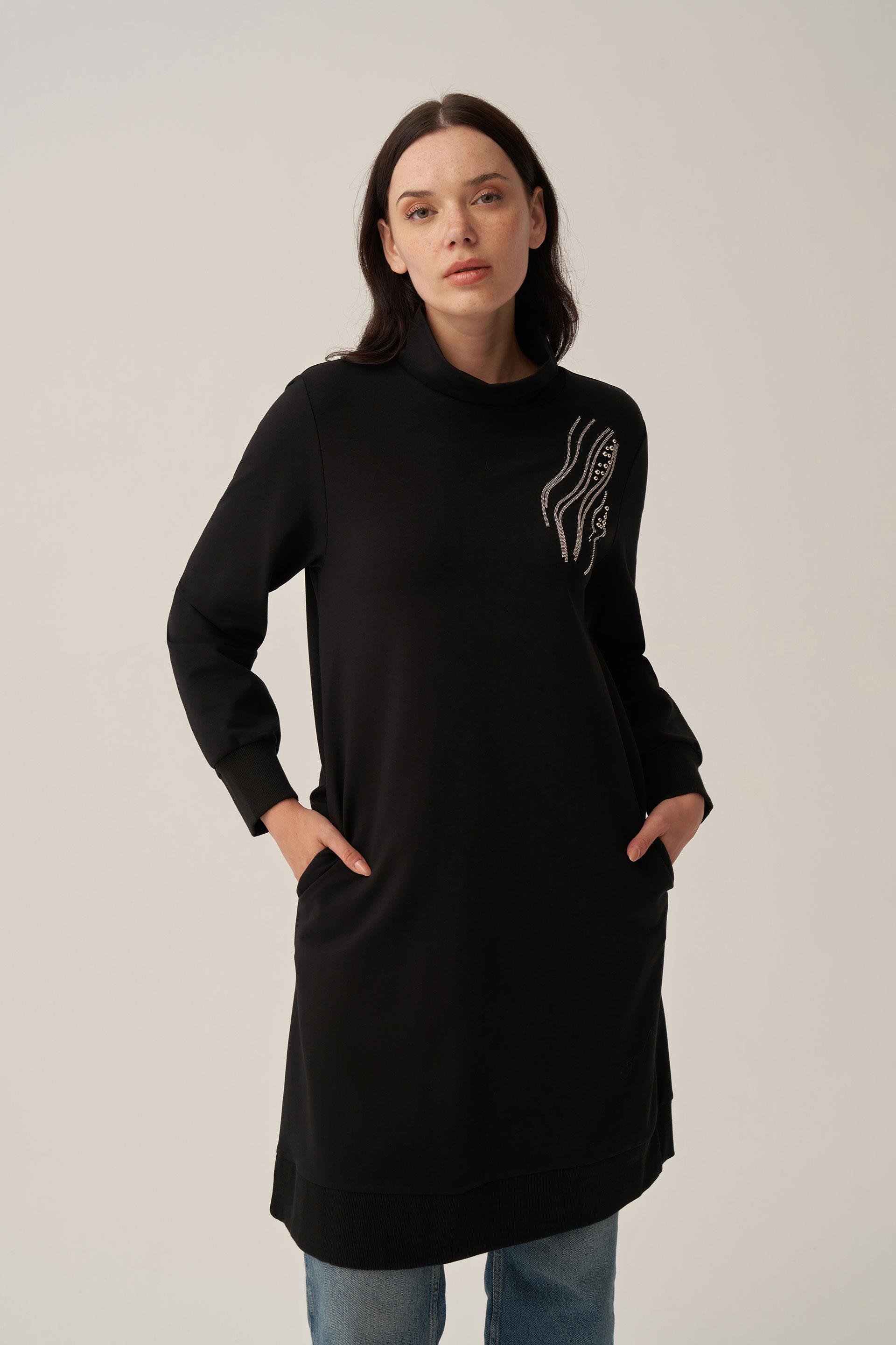 Siyah-Taş İşlemeli Pamuklu Tunik