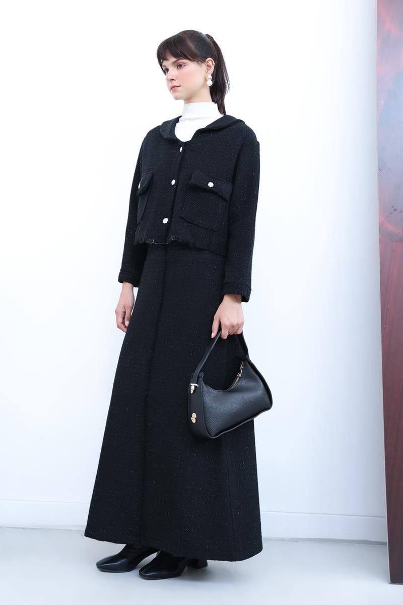 Tweed Skirt Suit with Stones Buttoned Pocket