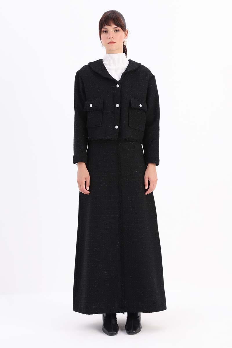 Tweed Skirt Suit with Stones Buttoned Pocket