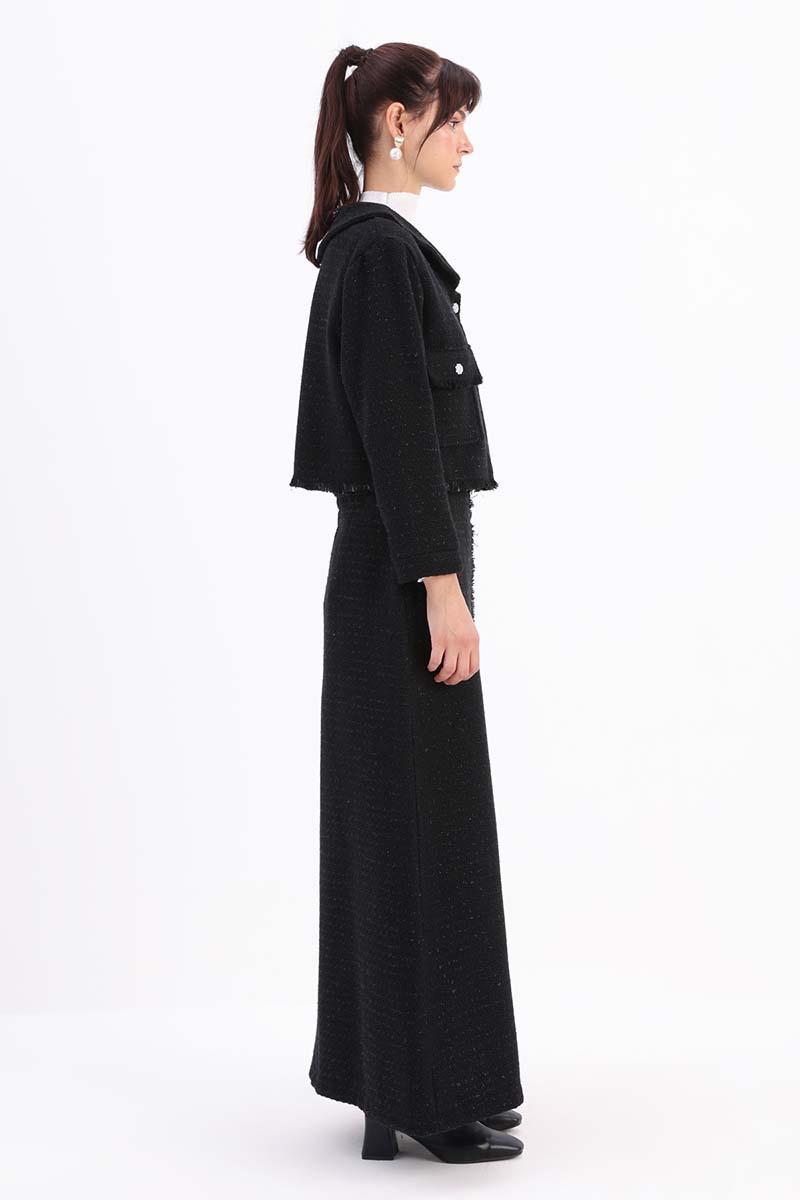 Tweed Skirt Suit with Stones Buttoned Pocket