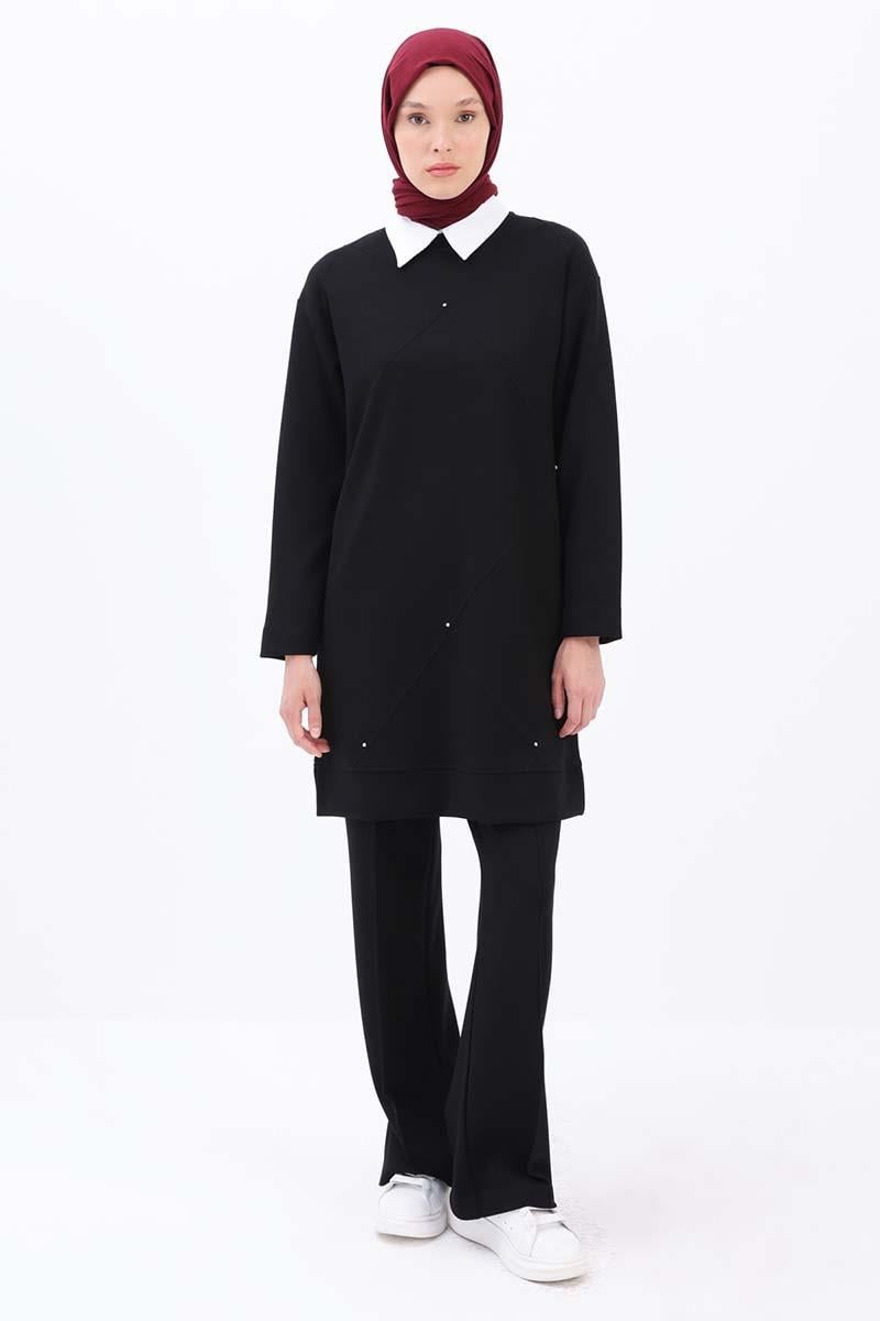 Siyah-Taşlı Geometrik Çima Detaylı Tunik