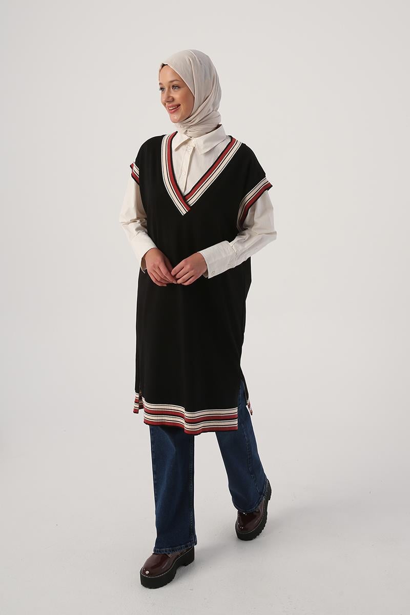 Triko Bantlı V Yaka Uzun Süveter