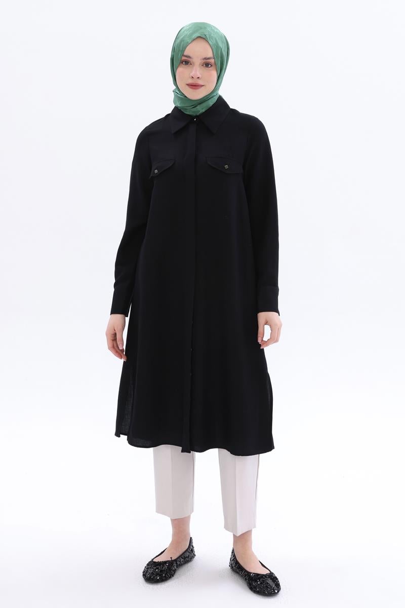 Siyah-Yırtmaçlı Keten Gömlek Tunik