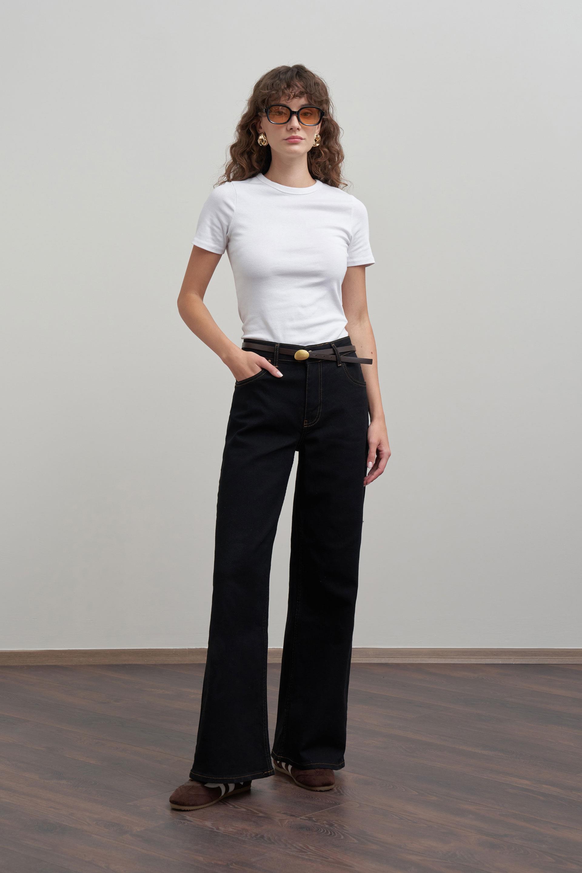 Siyah-Yüksek Bel Ekstra Geniş Paça Denim Pantolon