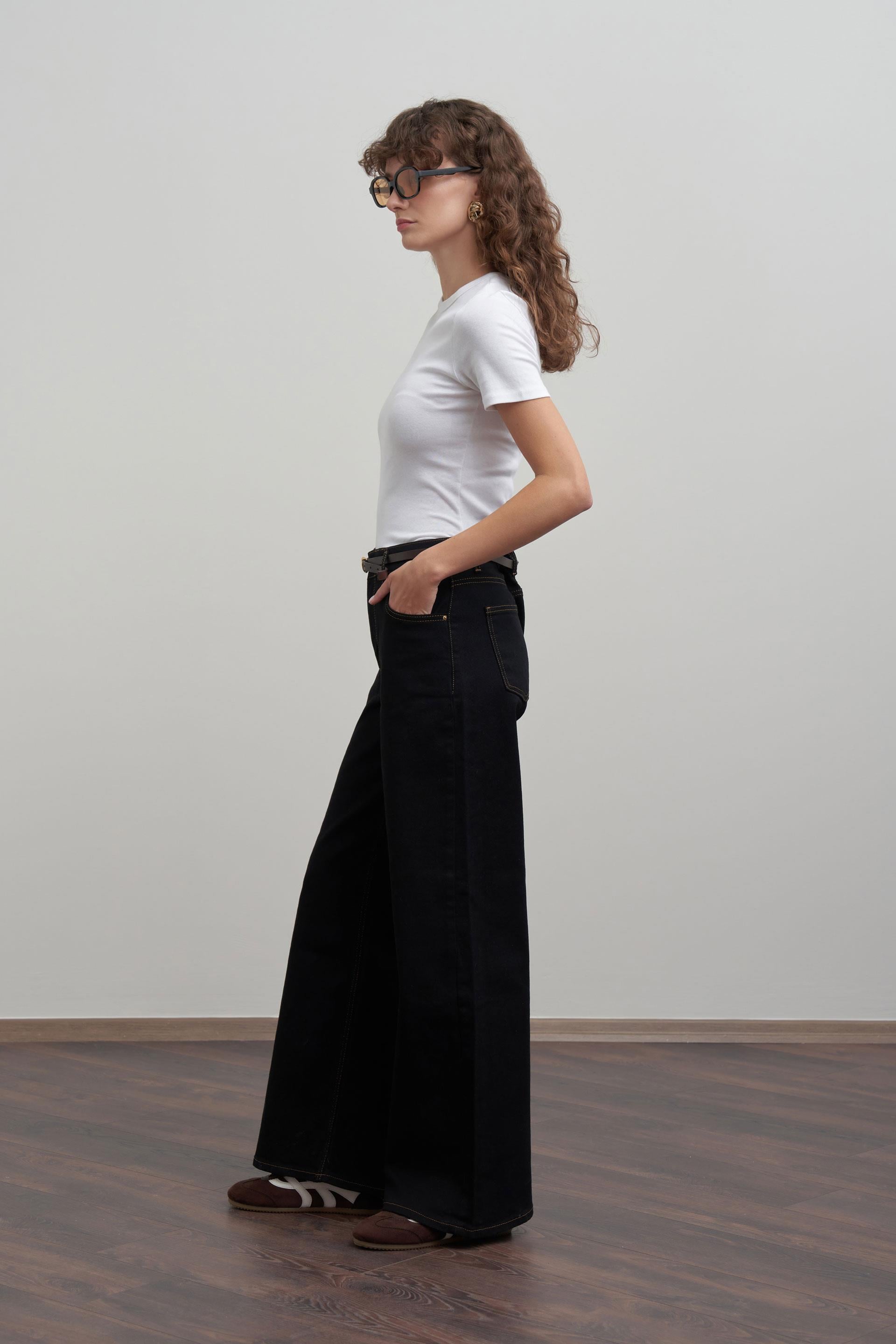 Siyah-Yüksek Bel Ekstra Geniş Paça Denim Pantolon