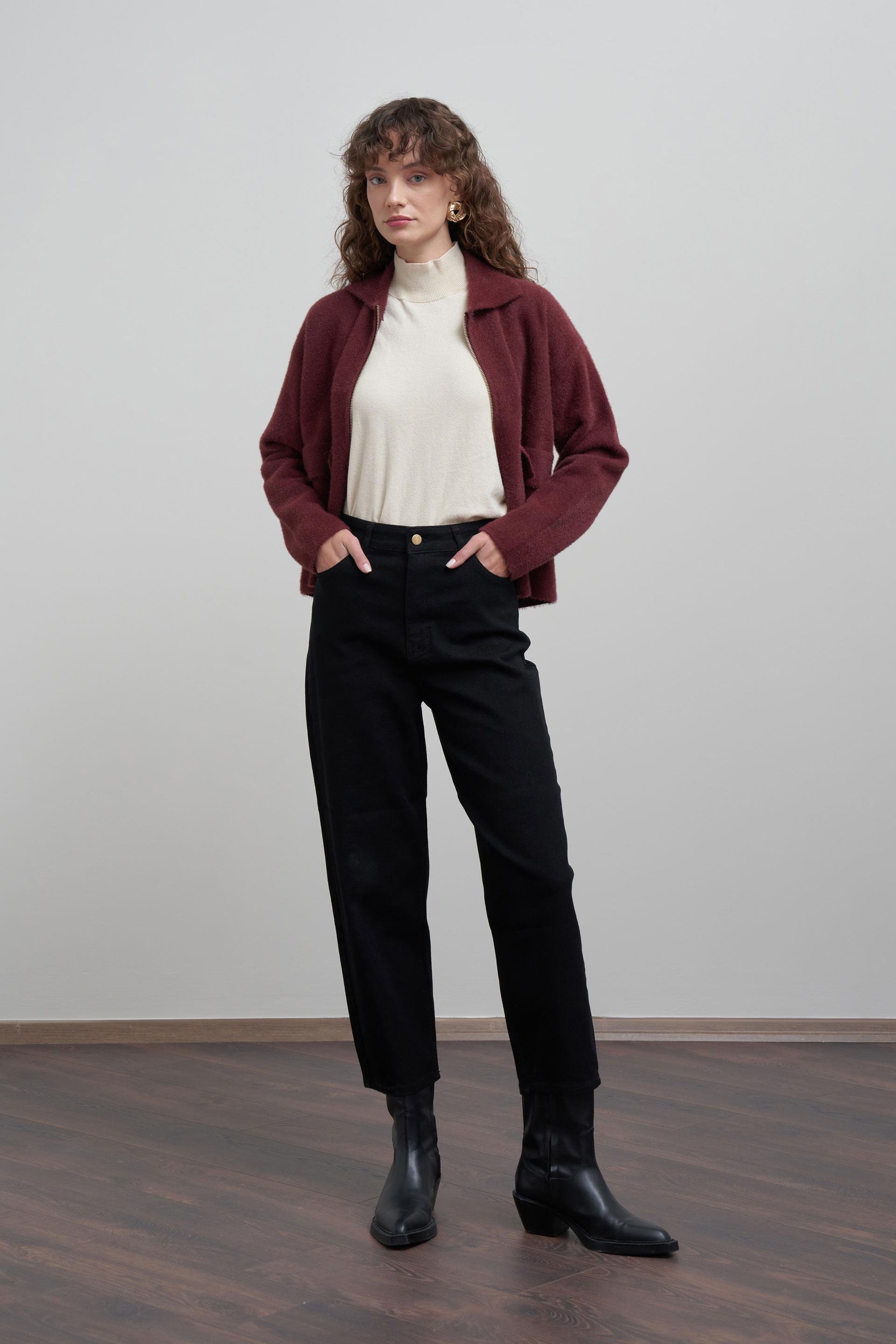 Siyah-Yüksek Bel Mom Paça Kot Pantolon