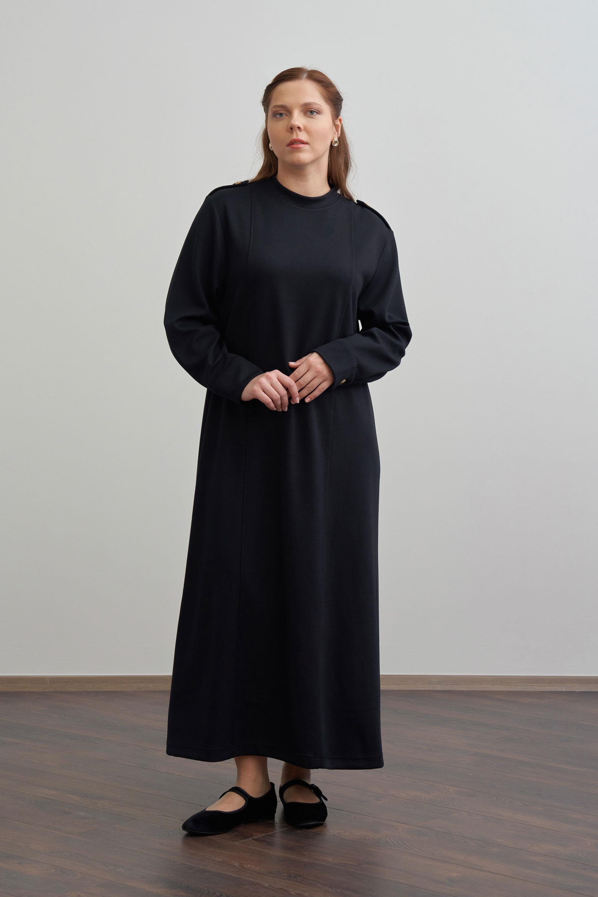 Siyah-Yumuşak Dokulu Apoletli Elbise