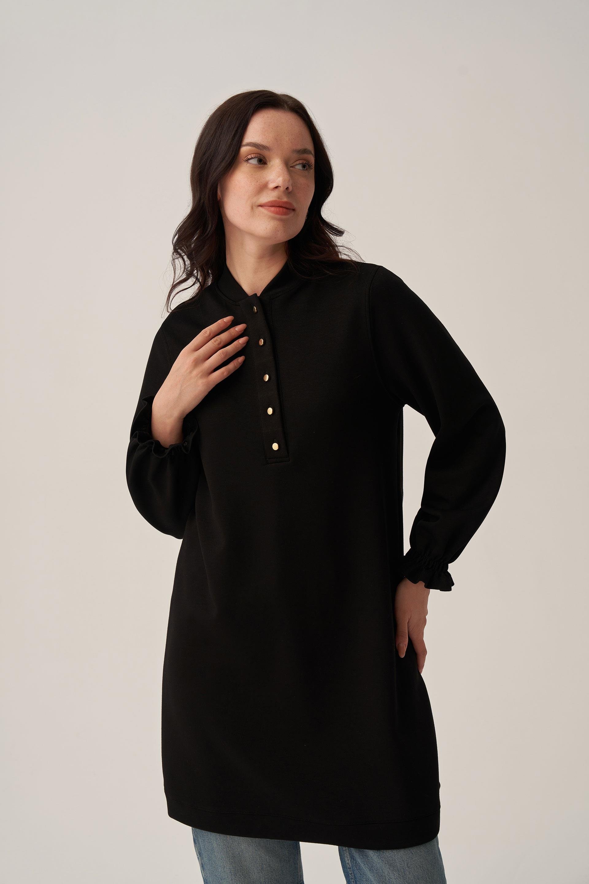 Siyah-Yumuşak Dokulu Kolu Lastikli Tunik