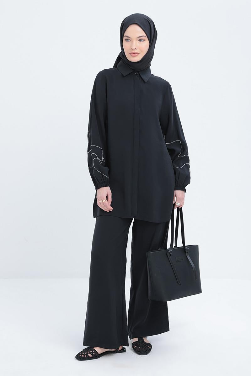 Siyah-Zincir Nakışlı Kolu Lastikli Modal Gömlek Tunik