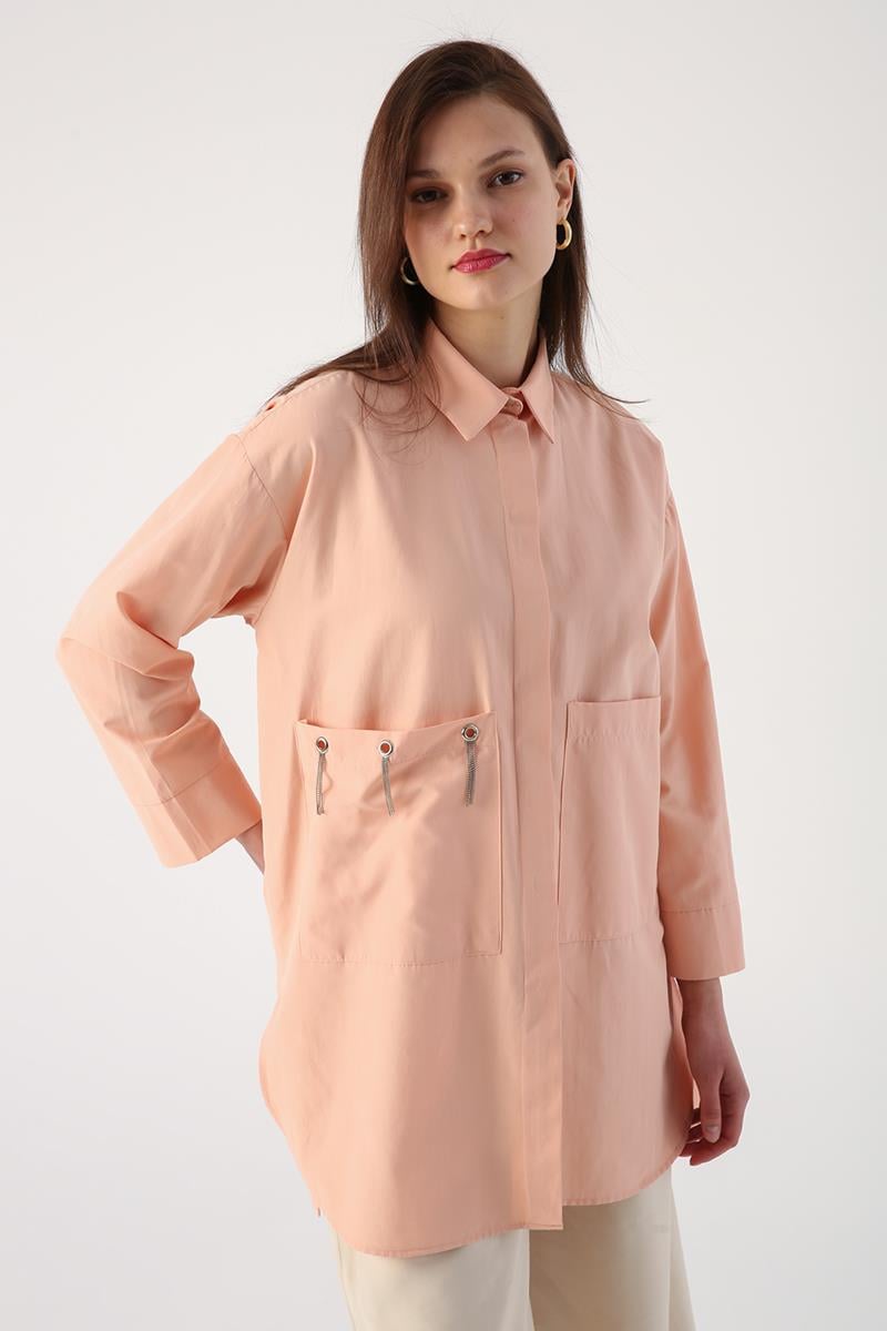 Büyük Cepli Kuşgözlü Oversize Gömlek