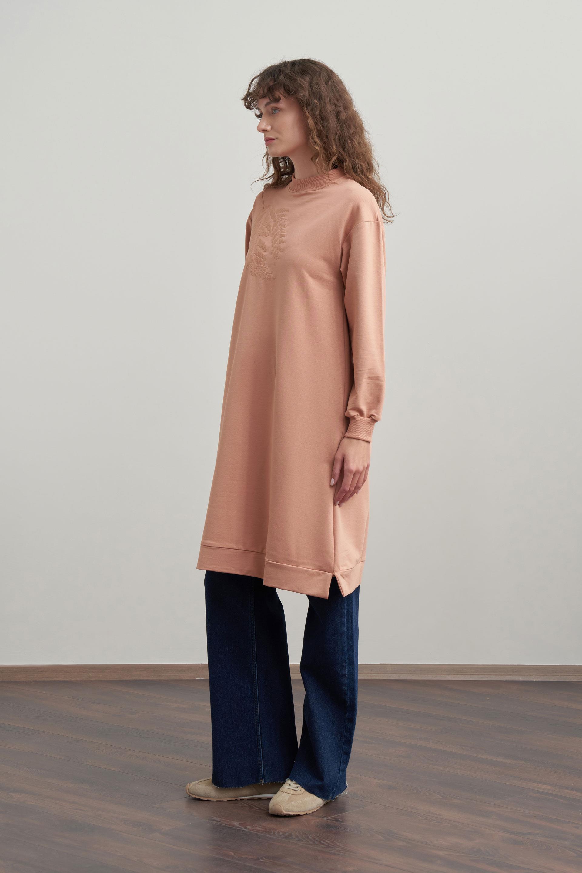 Somon-Pamuklu Nakışlı Uzun Tunik