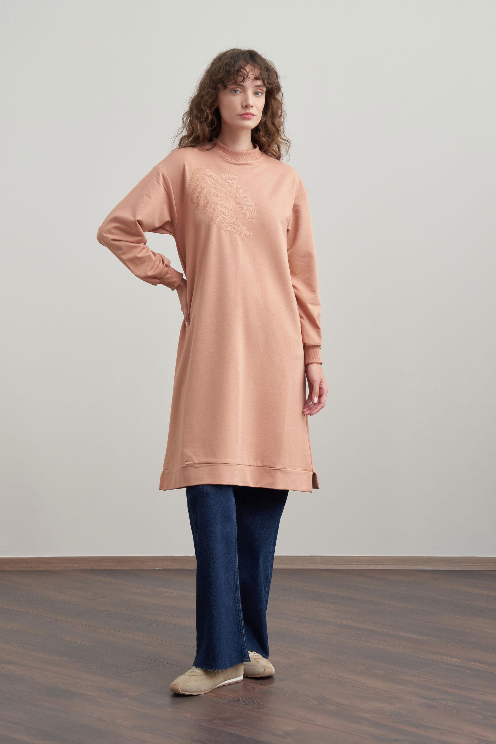 Somon-Pamuklu Nakışlı Uzun Tunik