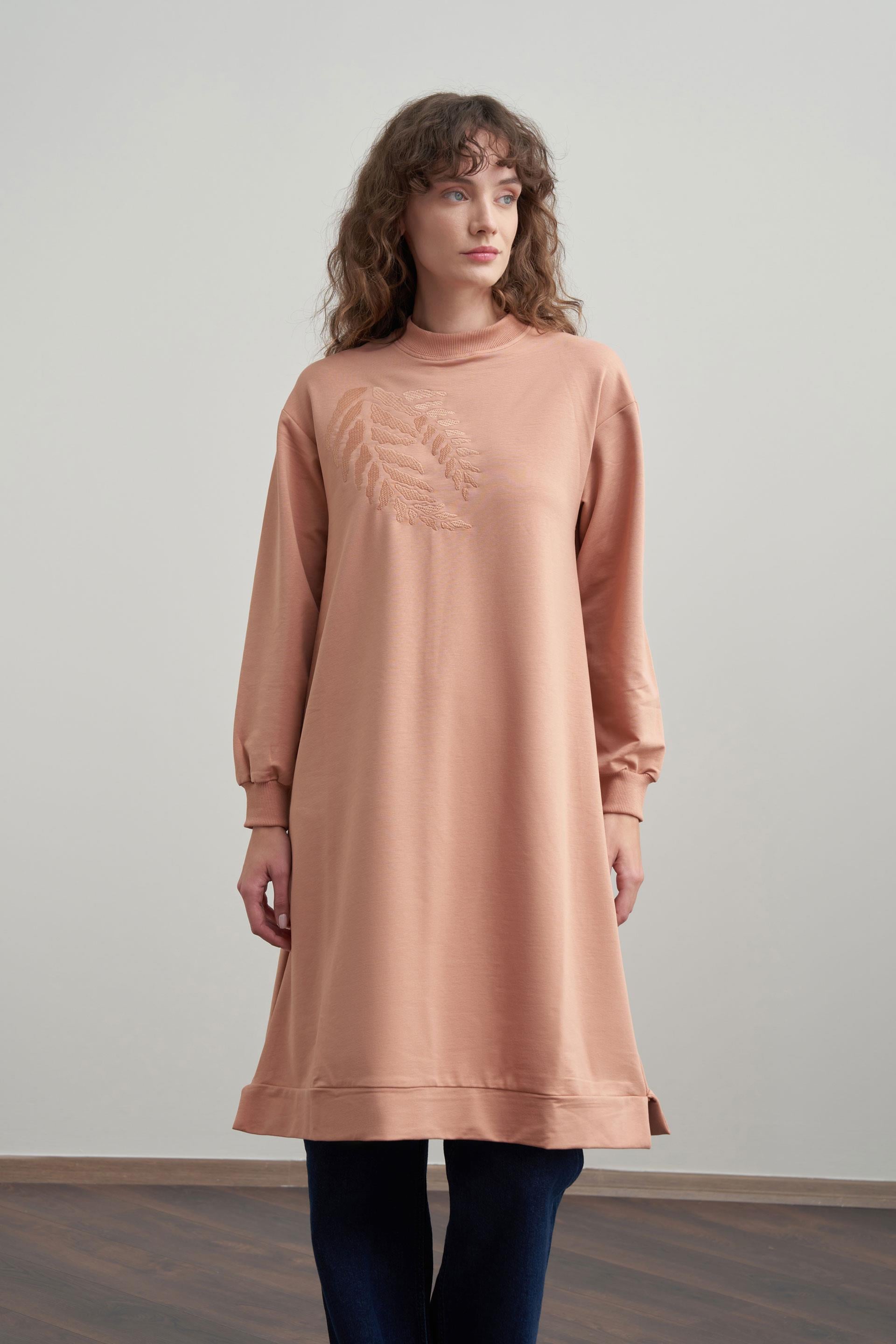 Somon-Pamuklu Nakışlı Uzun Tunik