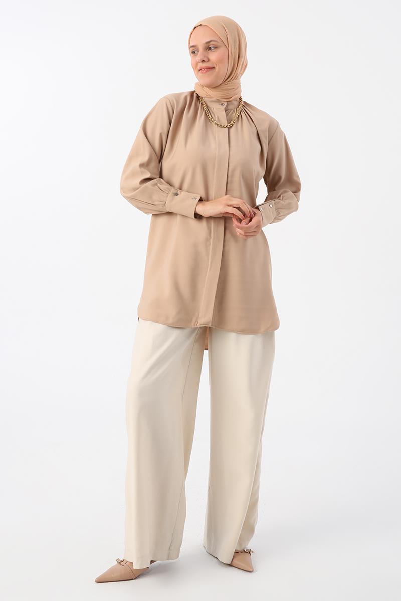 Stand Up Collar Pleated Cufflink Detailed Shirt Tunic