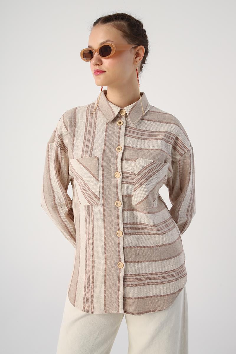 Cotton Striped Shirt with Pockets and Slits on the Sides