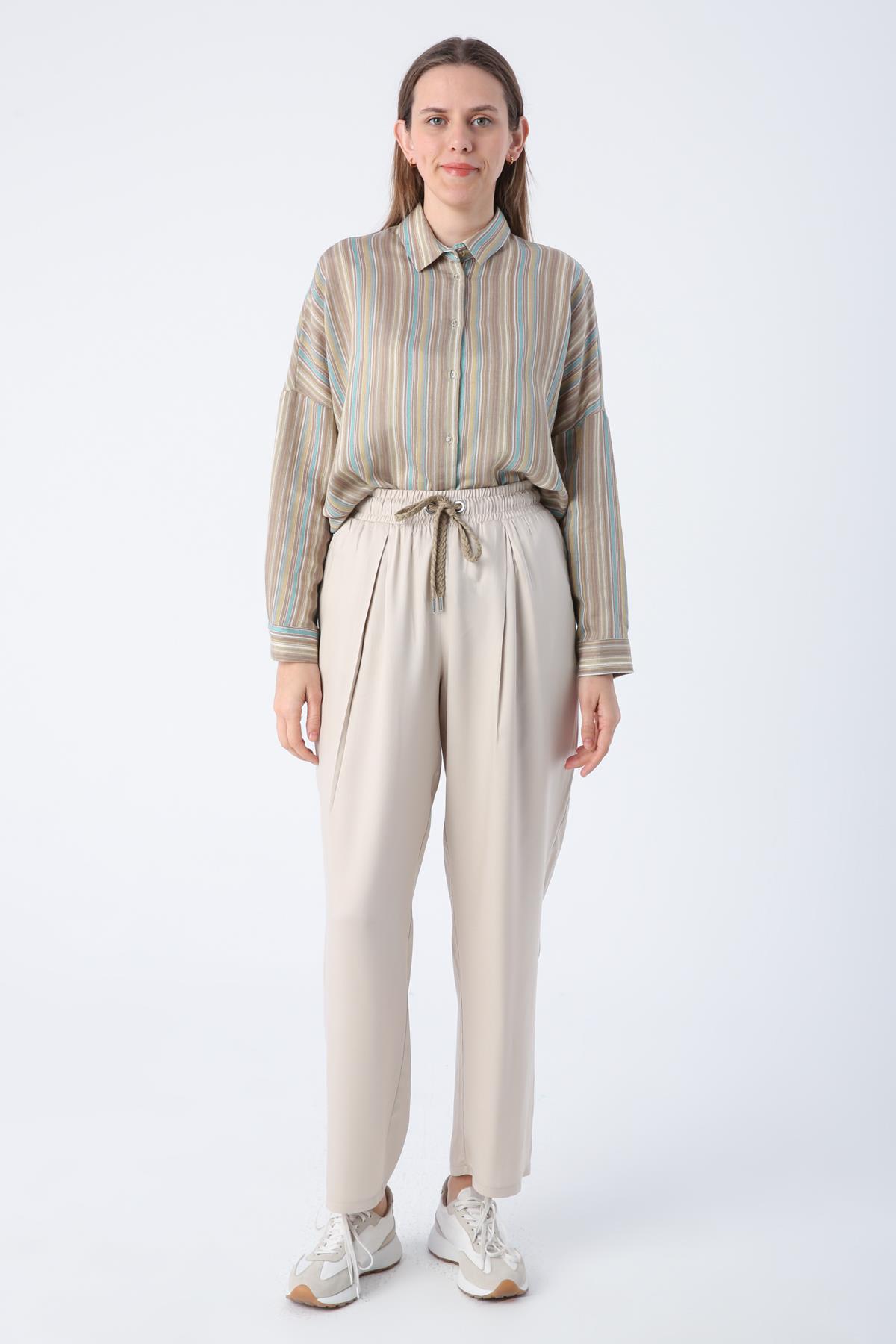 Taş-Beli Lastikli Geniş Paça Pantolon