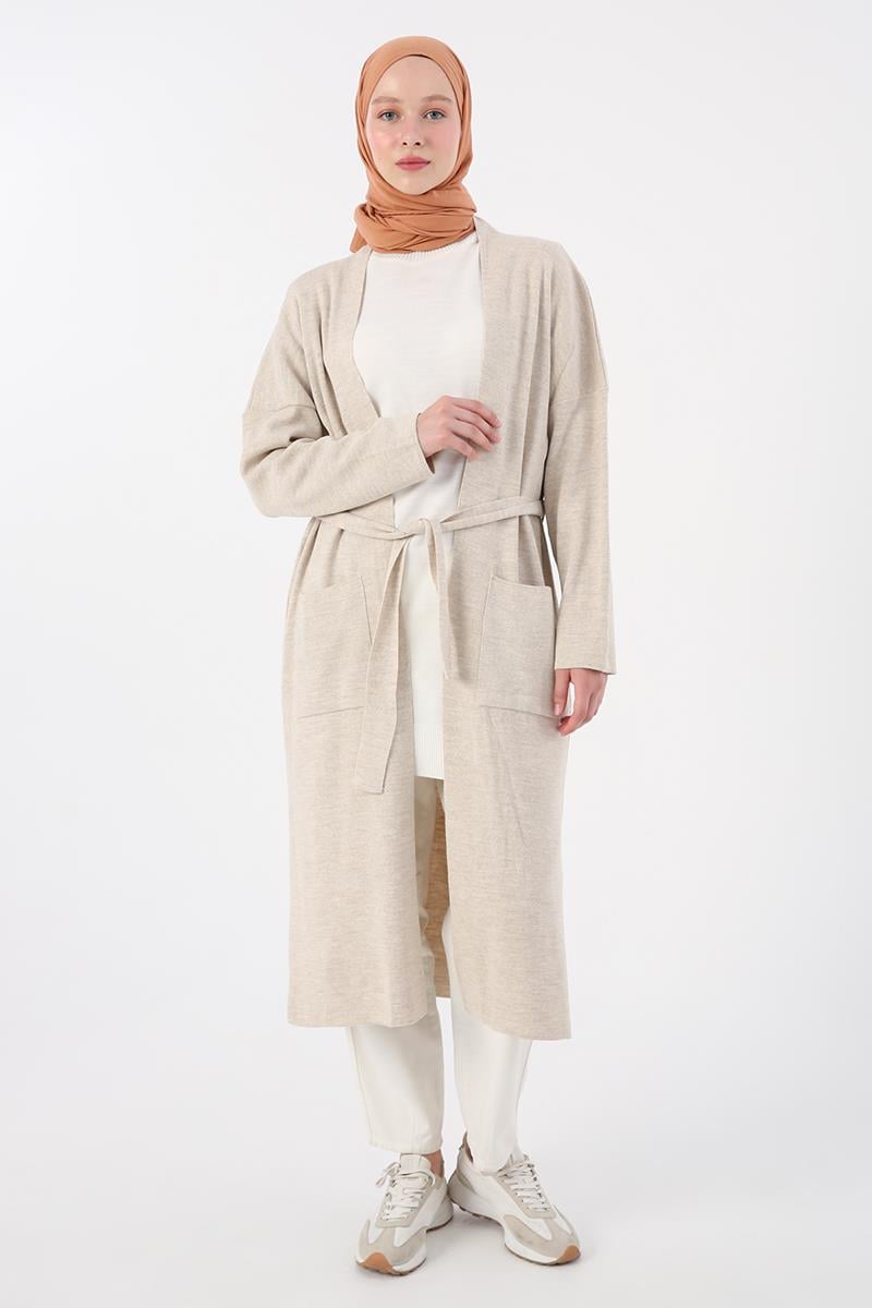 Belted Sweater Cardigan with Side Slits and Pockets