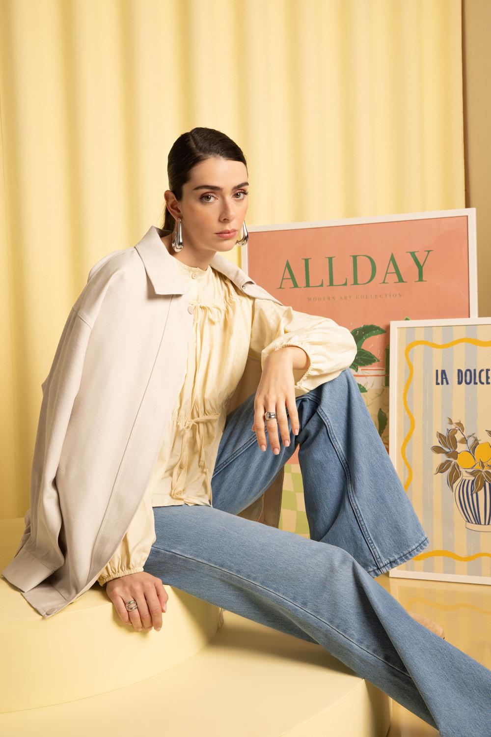 Taş-Etek Ucu Lastikli Fermuarlı Ceket