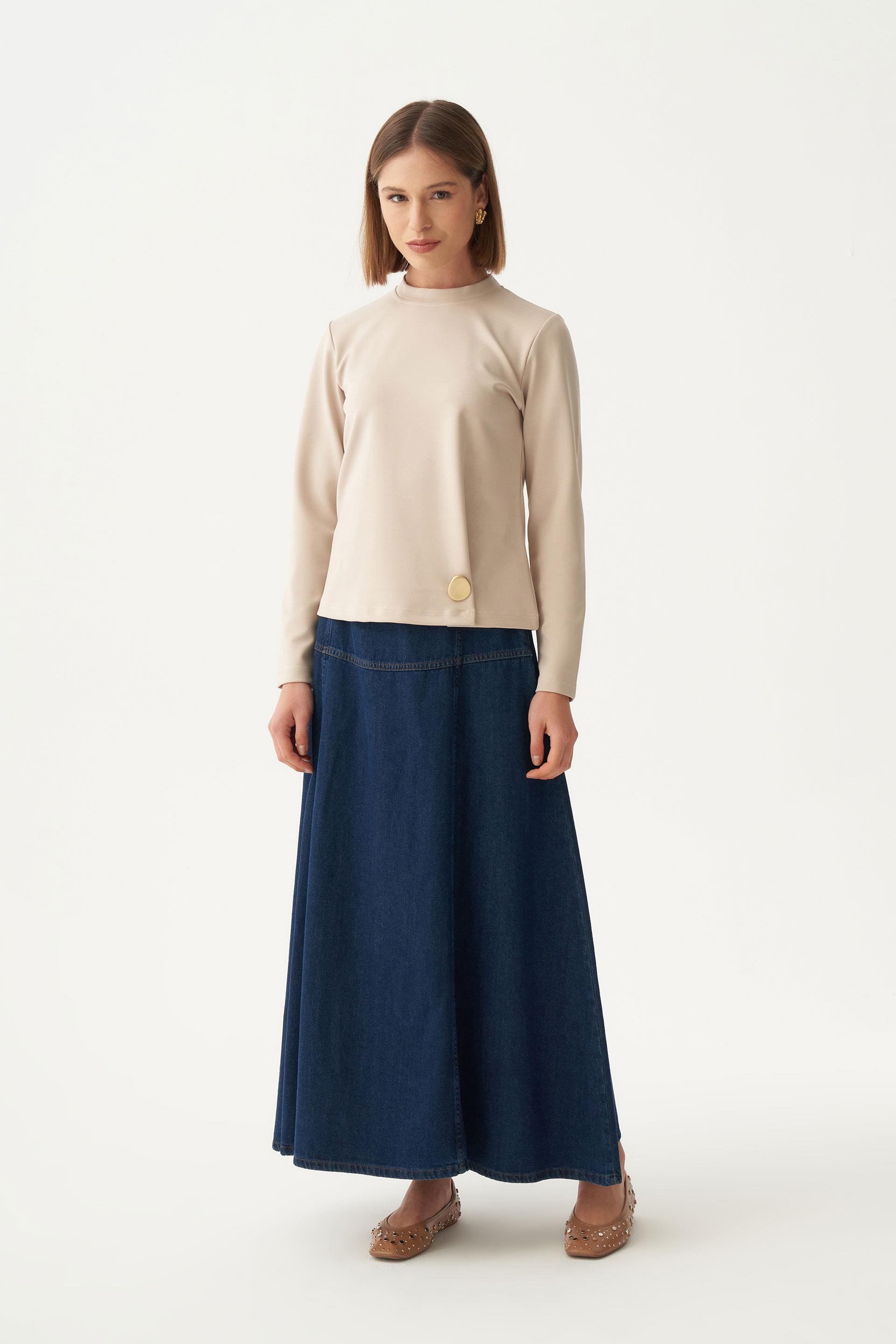 Taş-Gold Düğmeli Pileli Şık Bluz