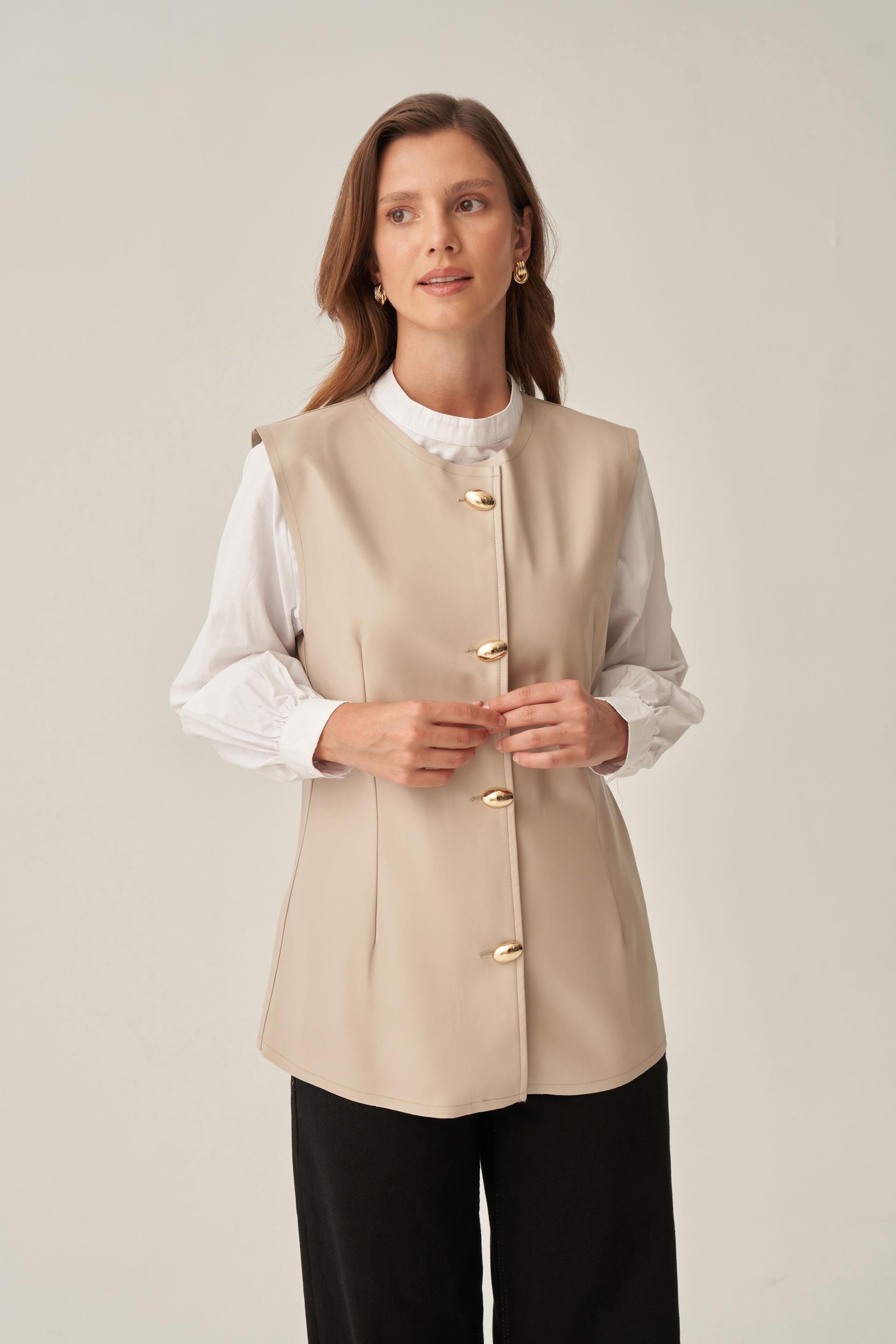 Taş-Gold Düğmeli Süetli Deri Yelek