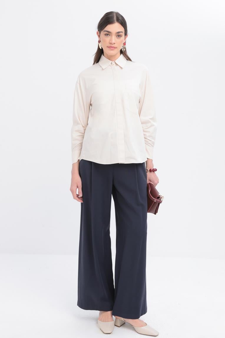 Taş-Kolu Büzgülü Poplin Gömlek