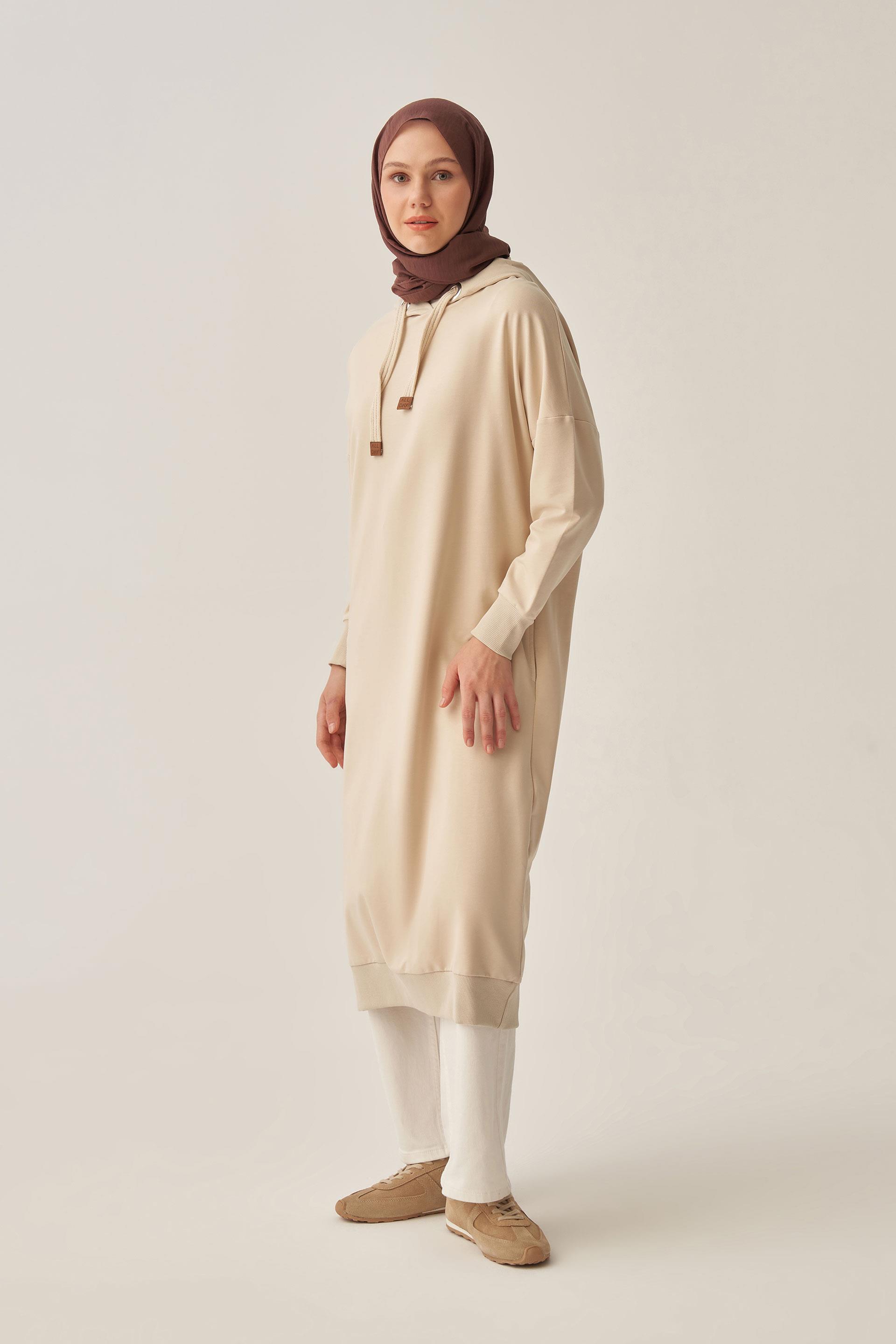 Taş-Kuşgözlü Kapüşonlu Cepli Likralı Uzun Sweat