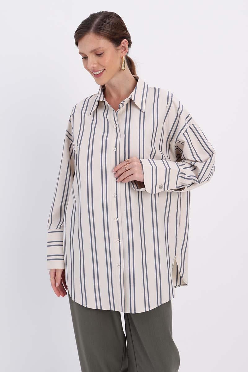 Pamuklu Oversize Çizgili Gömlek Tunik