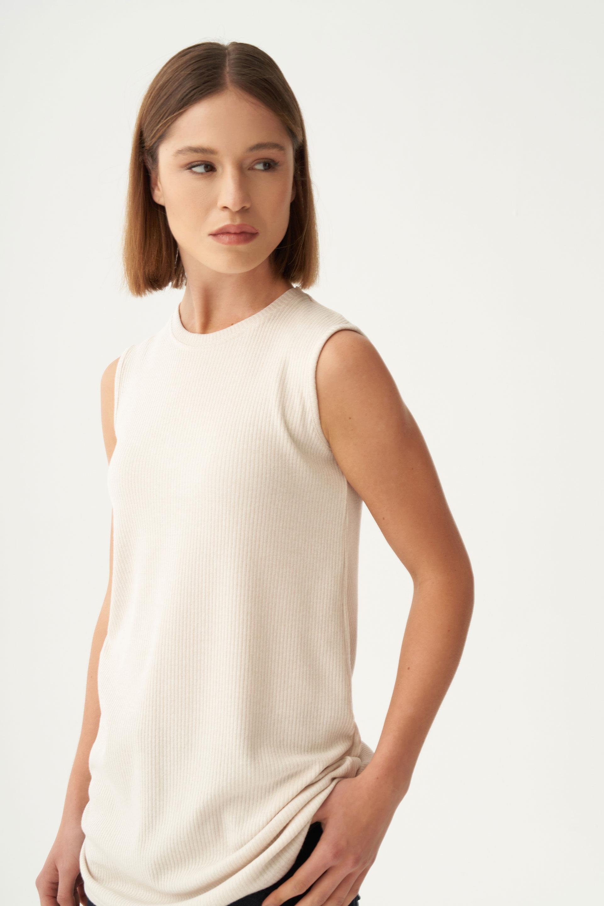 Taş-Pamuklu Fitilli Kolsuz Likralı T-Shirt