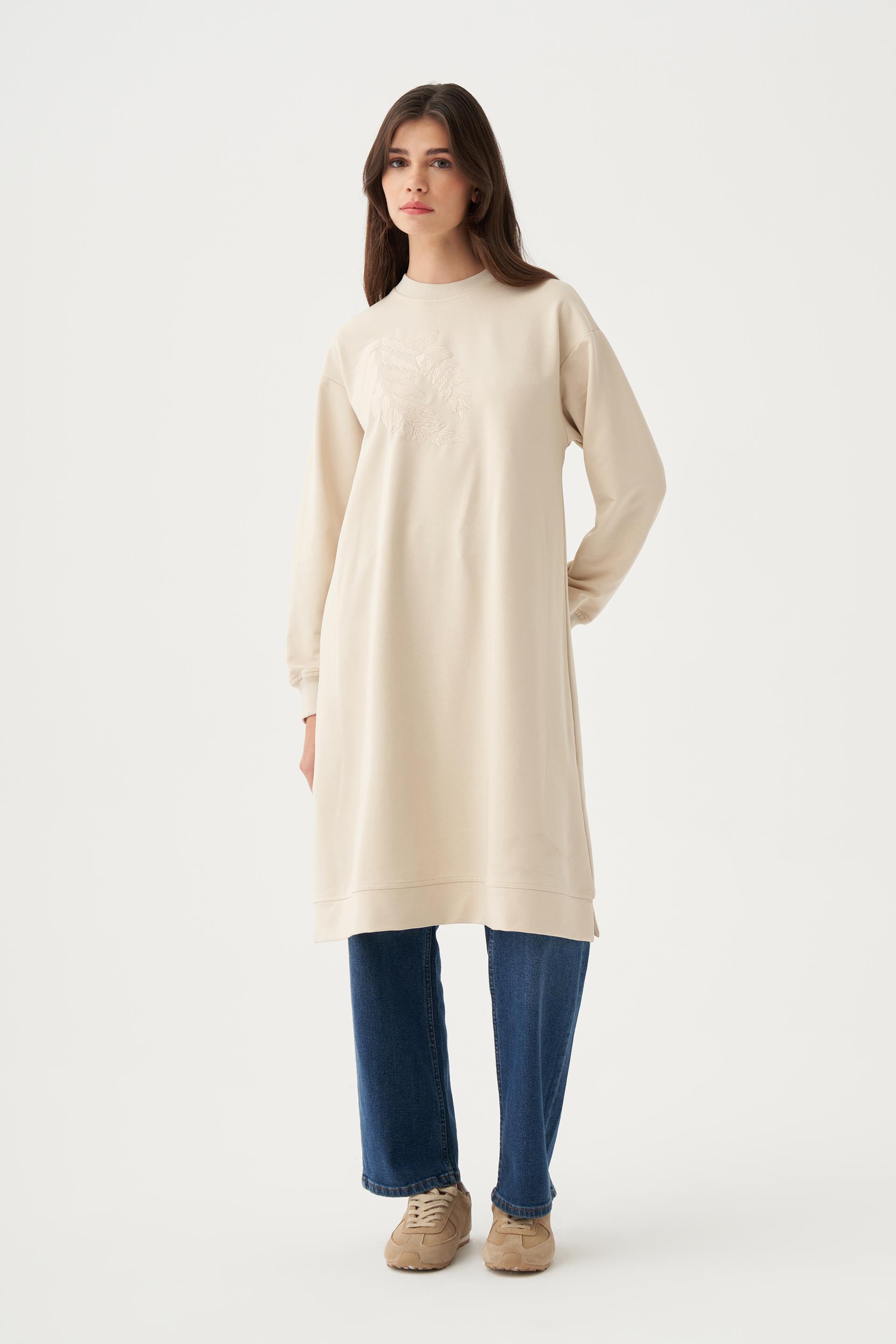 Taş-Pamuklu Nakışlı Uzun Tunik