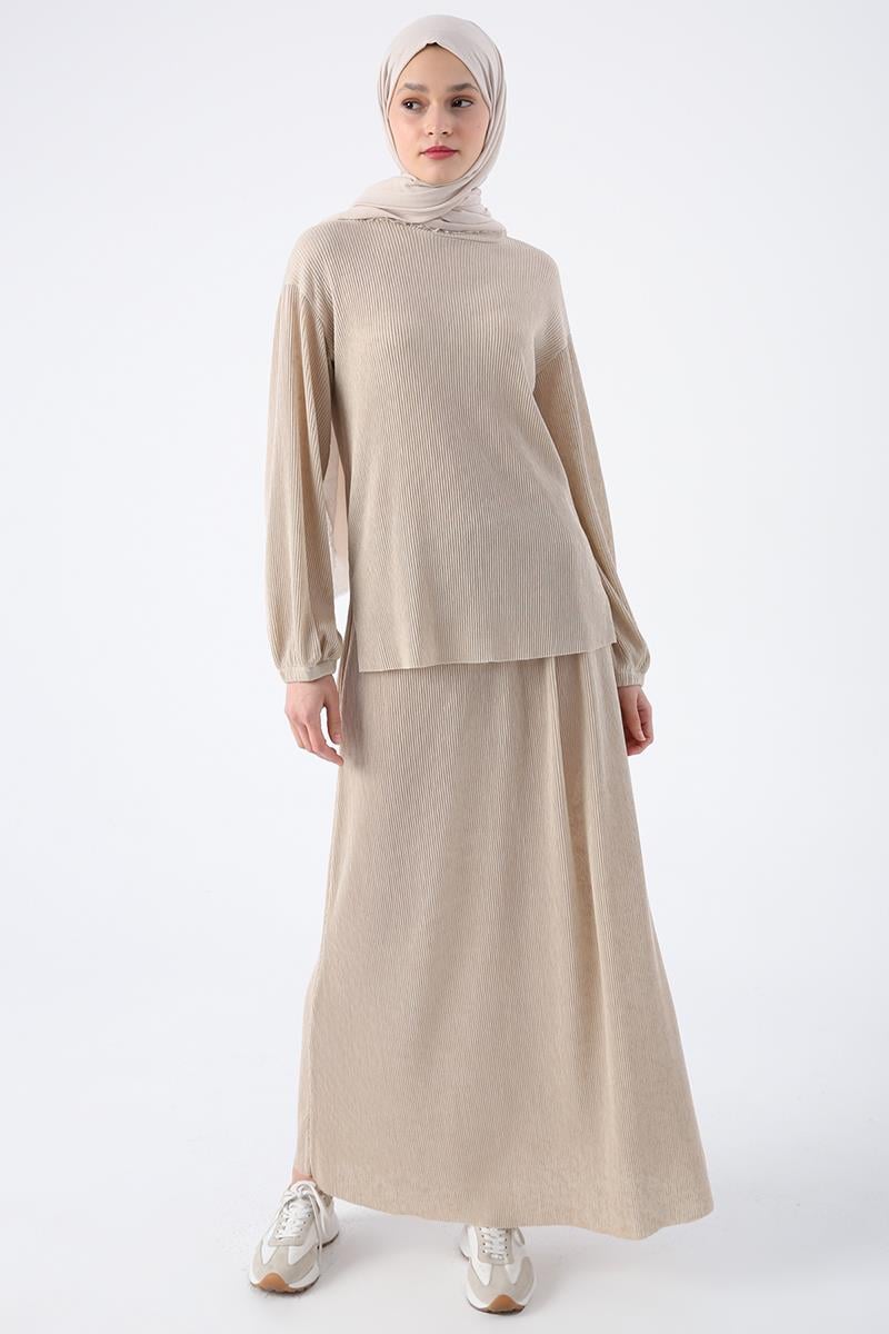 Pleated Slit Detailed Blouse and Skirt Set