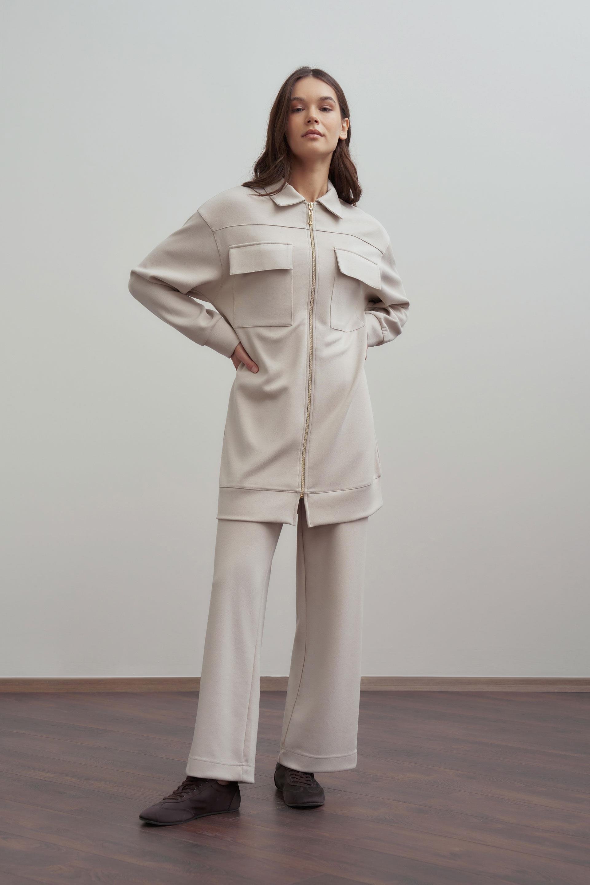 Taş-Yumuşak Dokulu Fermuarlı Pantolonlu Takım