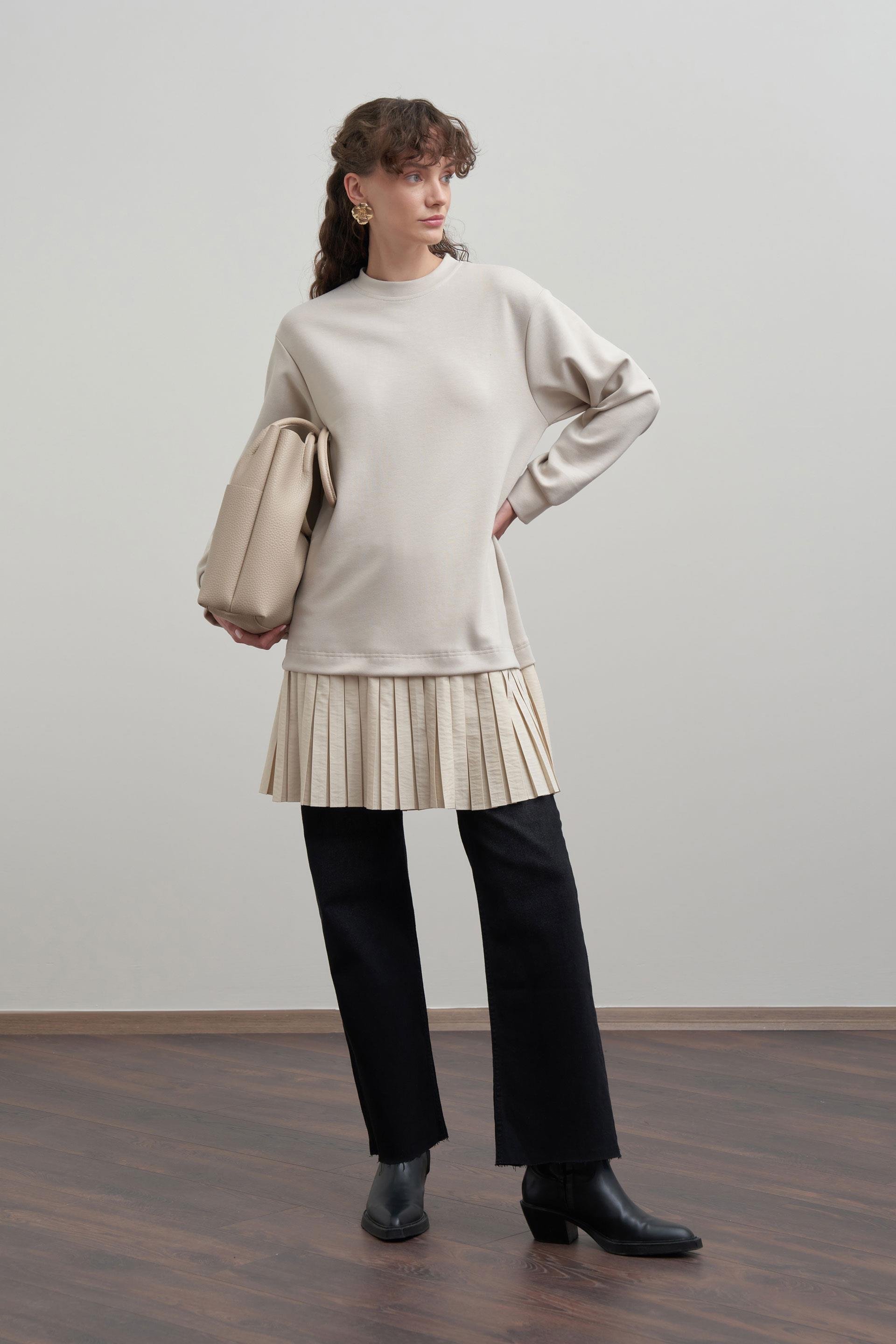 Taş-Yumuşak Dokulu Pliseli Detaylı Tunik